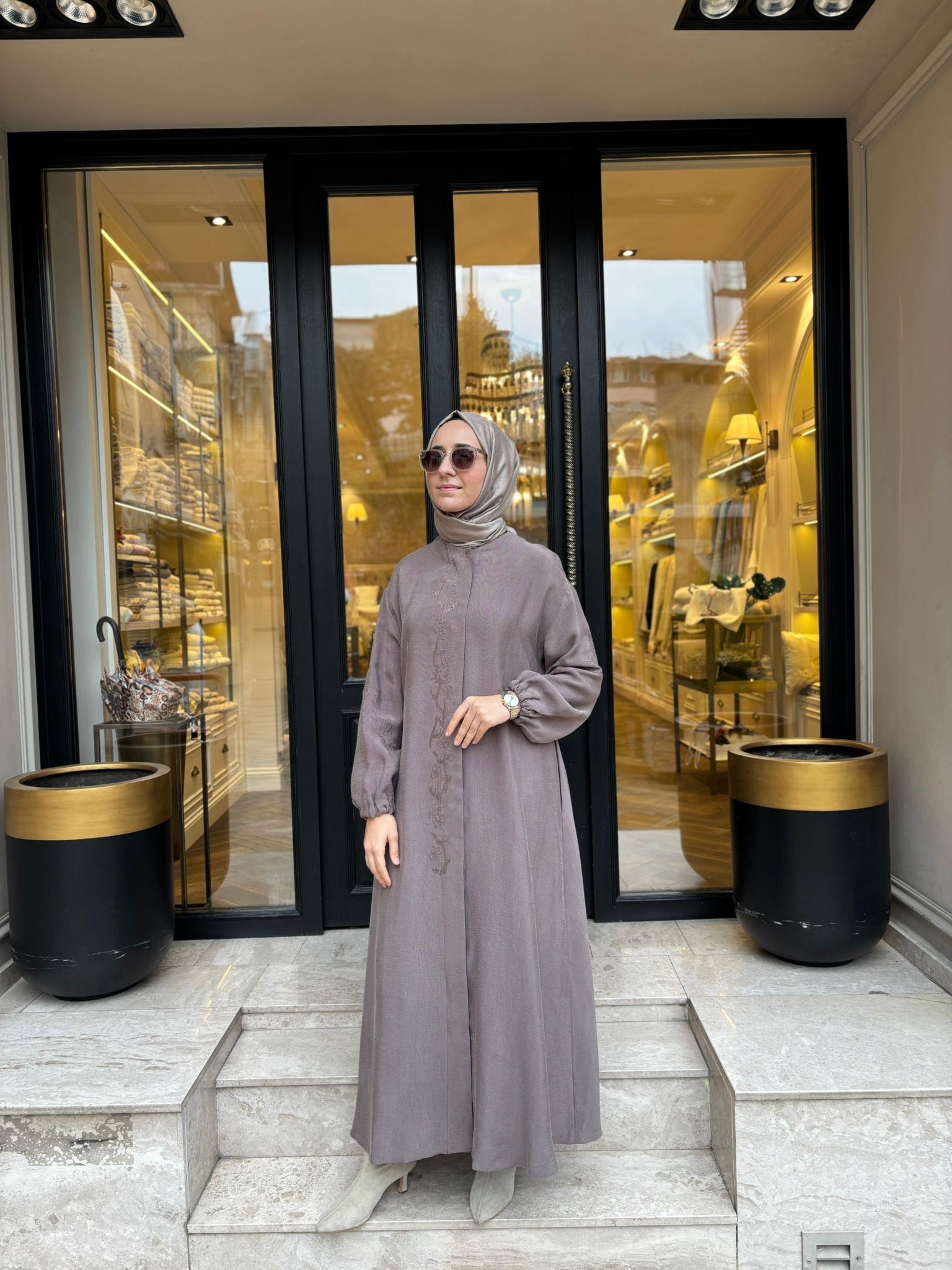 38514 İşlemeli Kadın Elbise Vizon