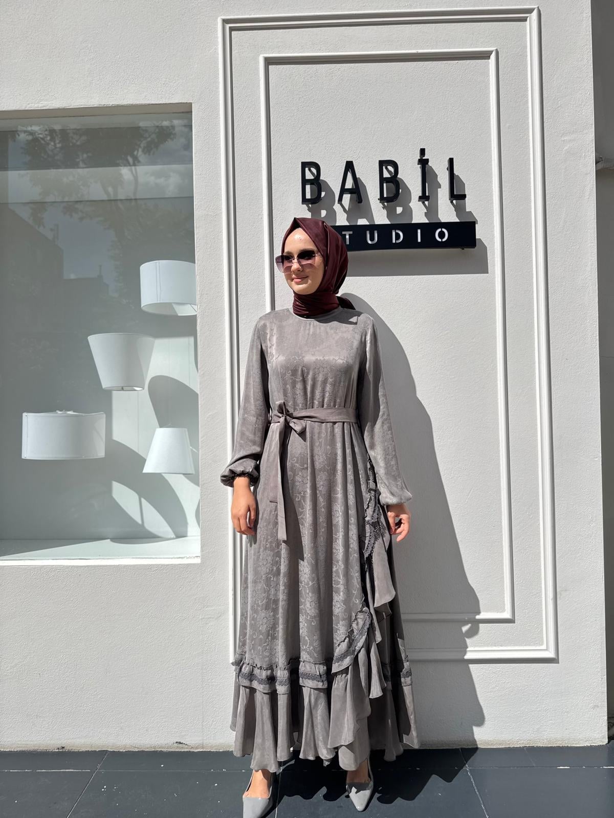 38806 Desenli Baskılı Kadın Elbise Gri