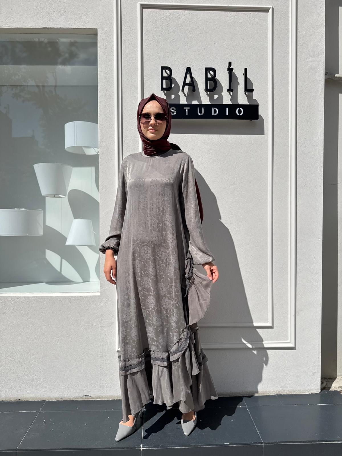 38806 Desenli Baskılı Kadın Elbise Gri