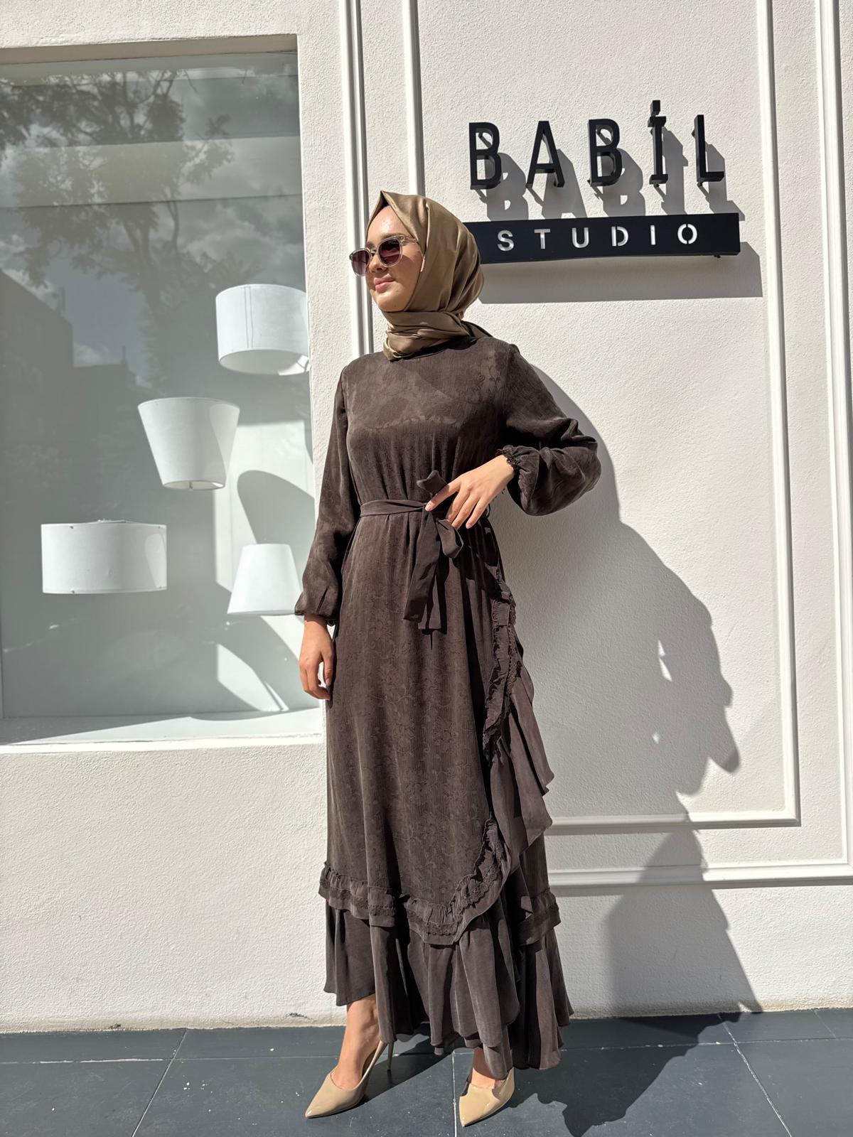 38806 Desenli Baskılı Kadın Elbise Kahve