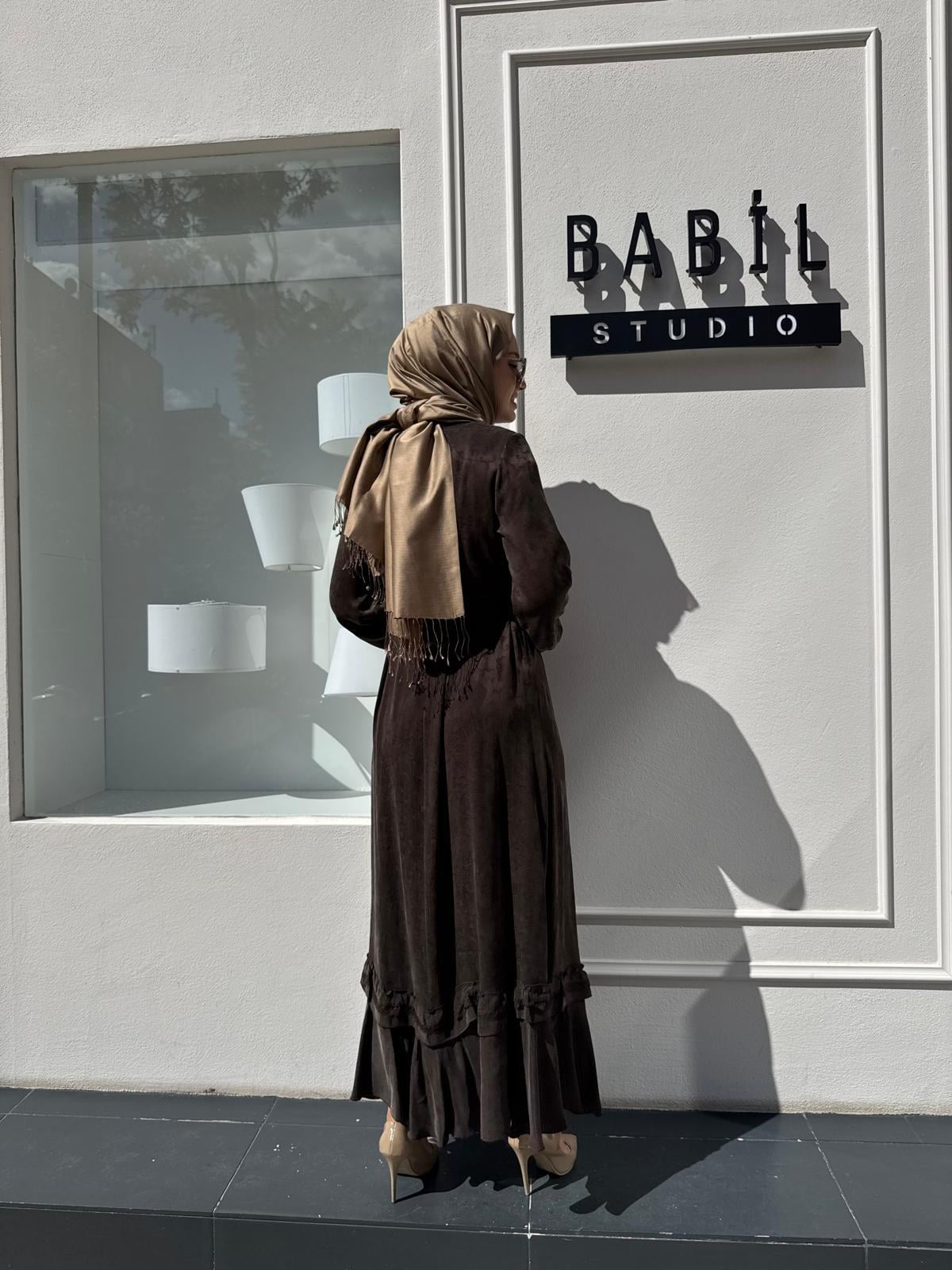 38806 Desenli Baskılı Kadın Elbise Kahve