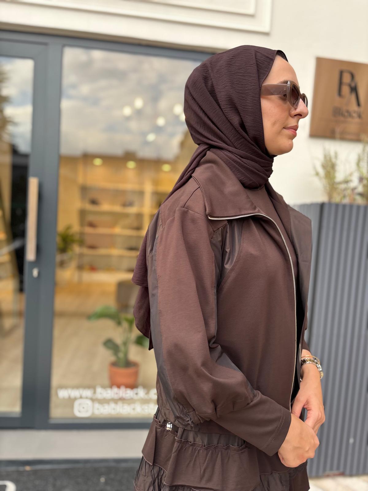 38807 Fırfırlı İkili Elbise Kahve