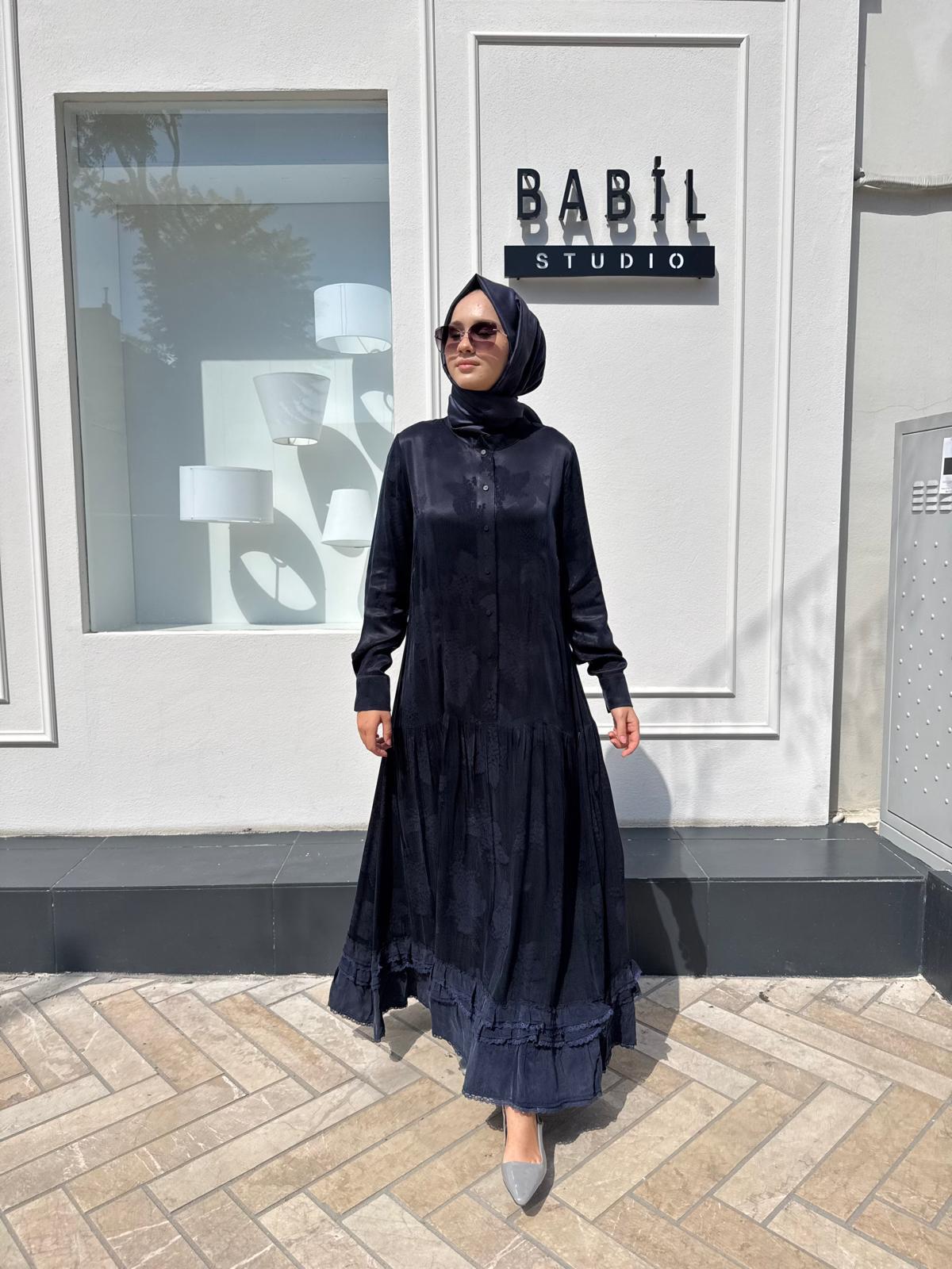 38809 Kendinden Baskılı Kadın Elbise Lacivert