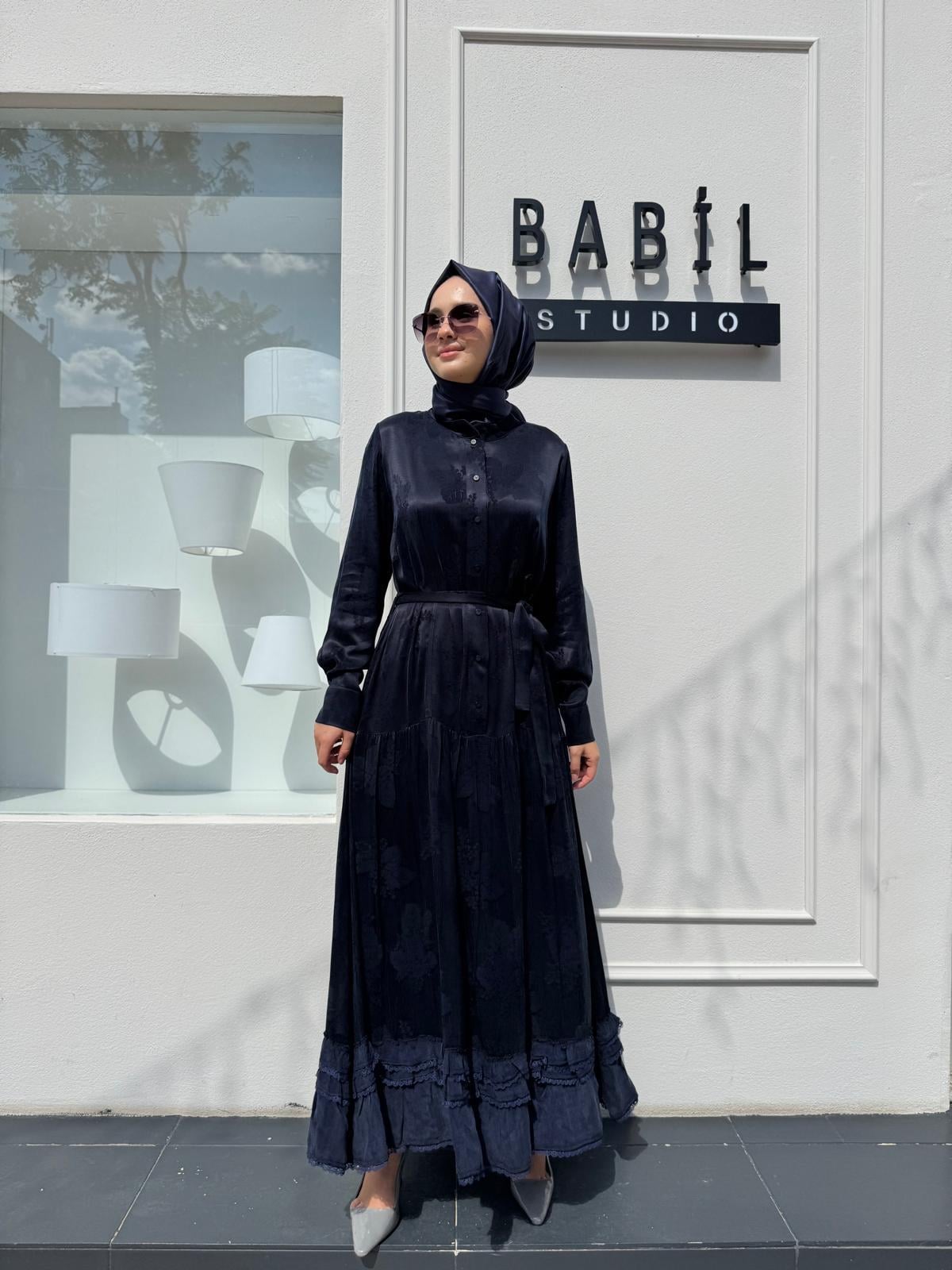 38809 Kendinden Baskılı Kadın Elbise Lacivert