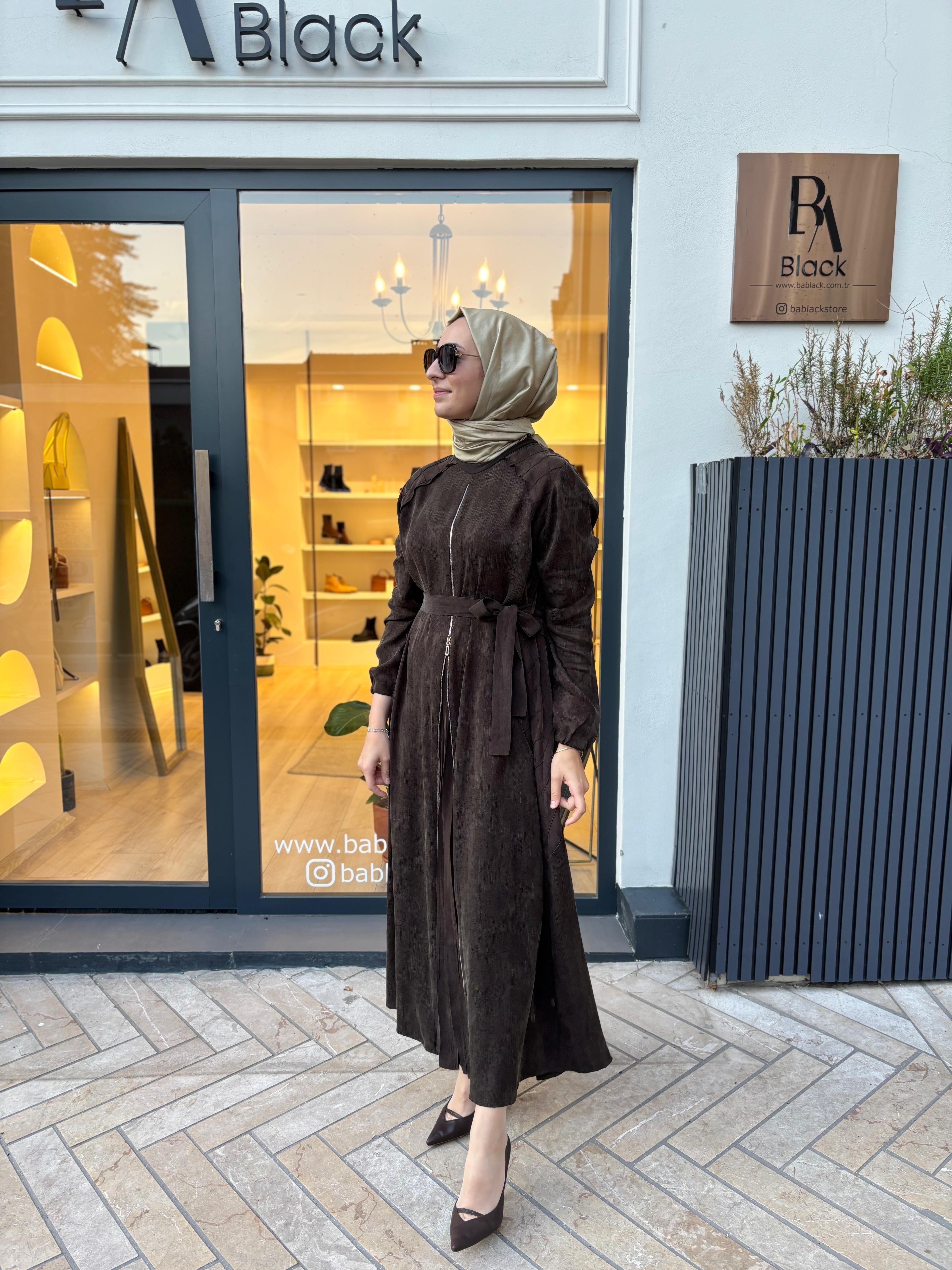 38835 Fermuar Detay Kadın Elbise Kahve