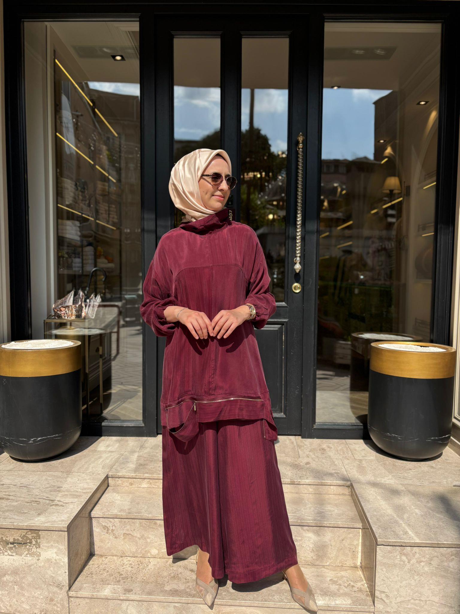 39009 Fermuar Detay Kadın Takım Bordo