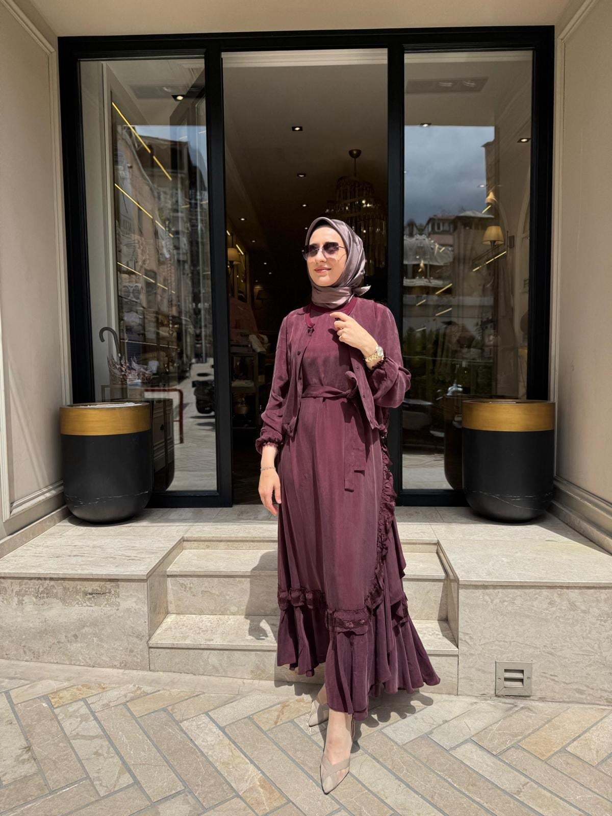 39815 Yelekli Kadın Elbise Bordo