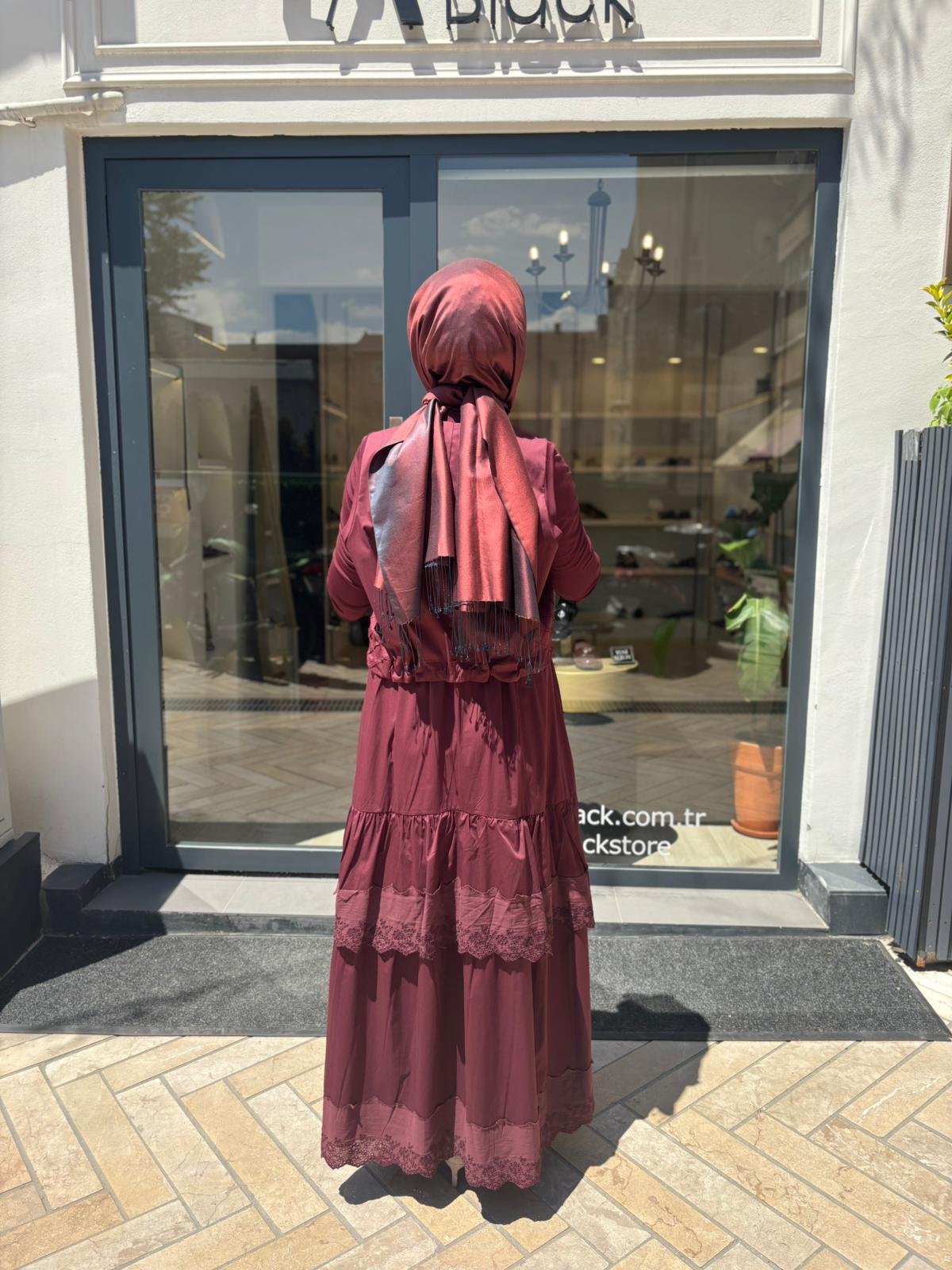 39834 Yelekli Kadın Elbise Bordo