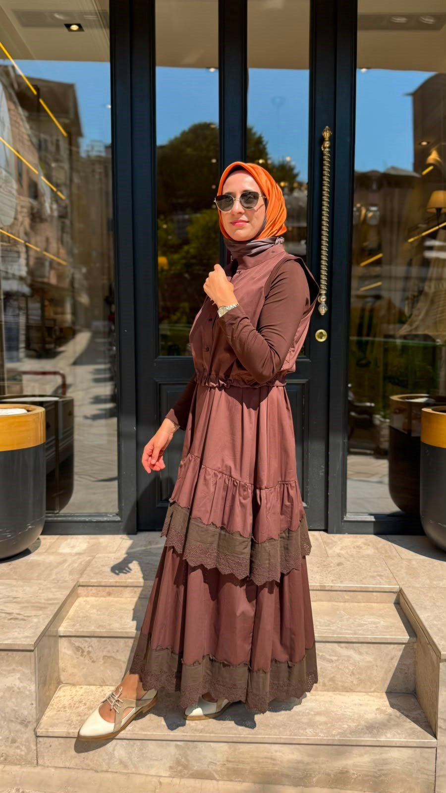 39834 Yelekli Kadın Elbise Kahve