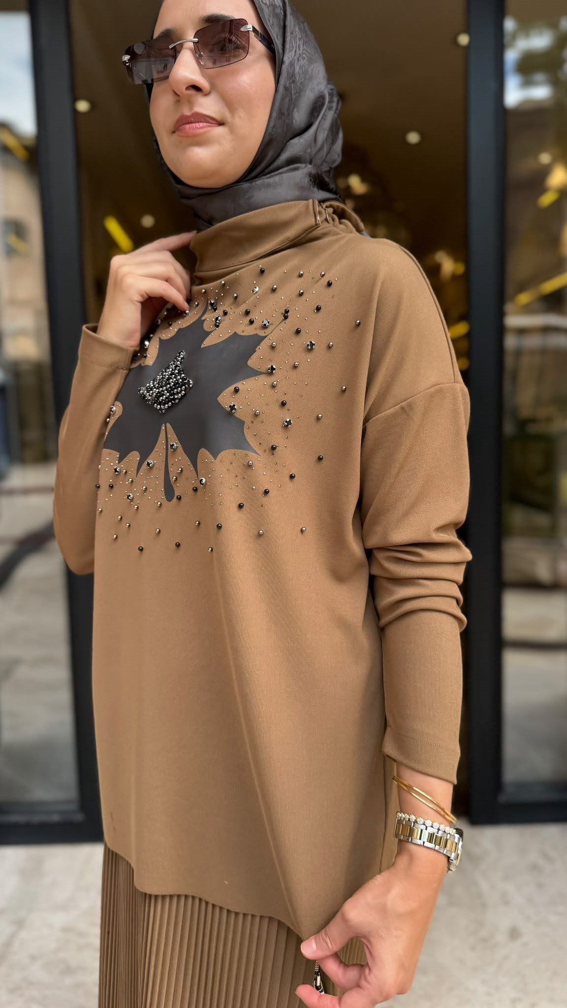 40000 Boncuk İşlemeli Kadın Takım Camel