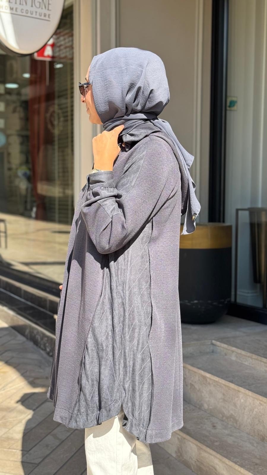 40401 Kapüşonlu Kadın Kap Gri