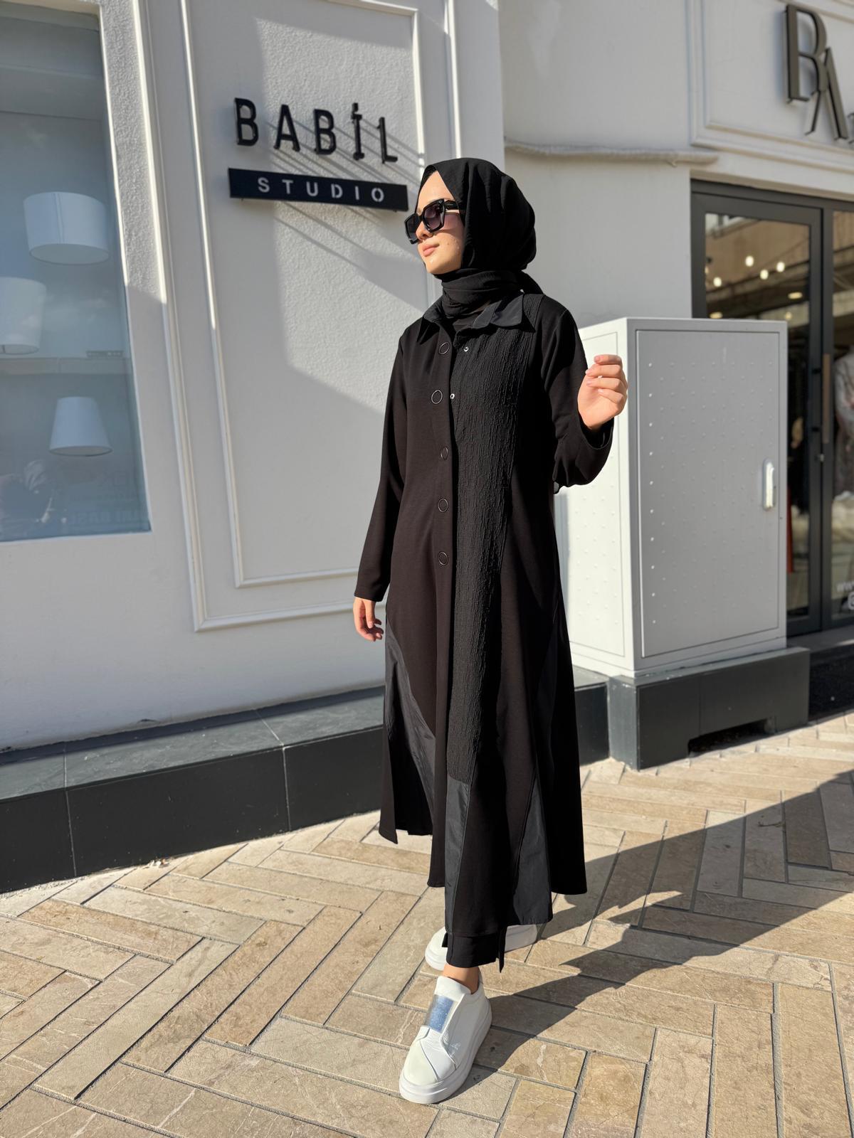 404992 Parçalı Kalın Modal Kadın Kap Siyah
