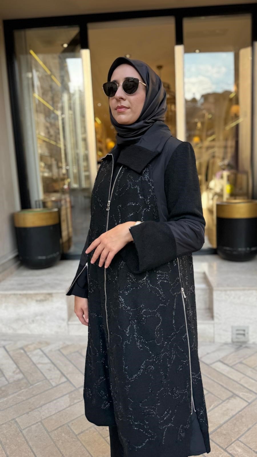 40515 Keçe Detay Kadın Kaban Siyah