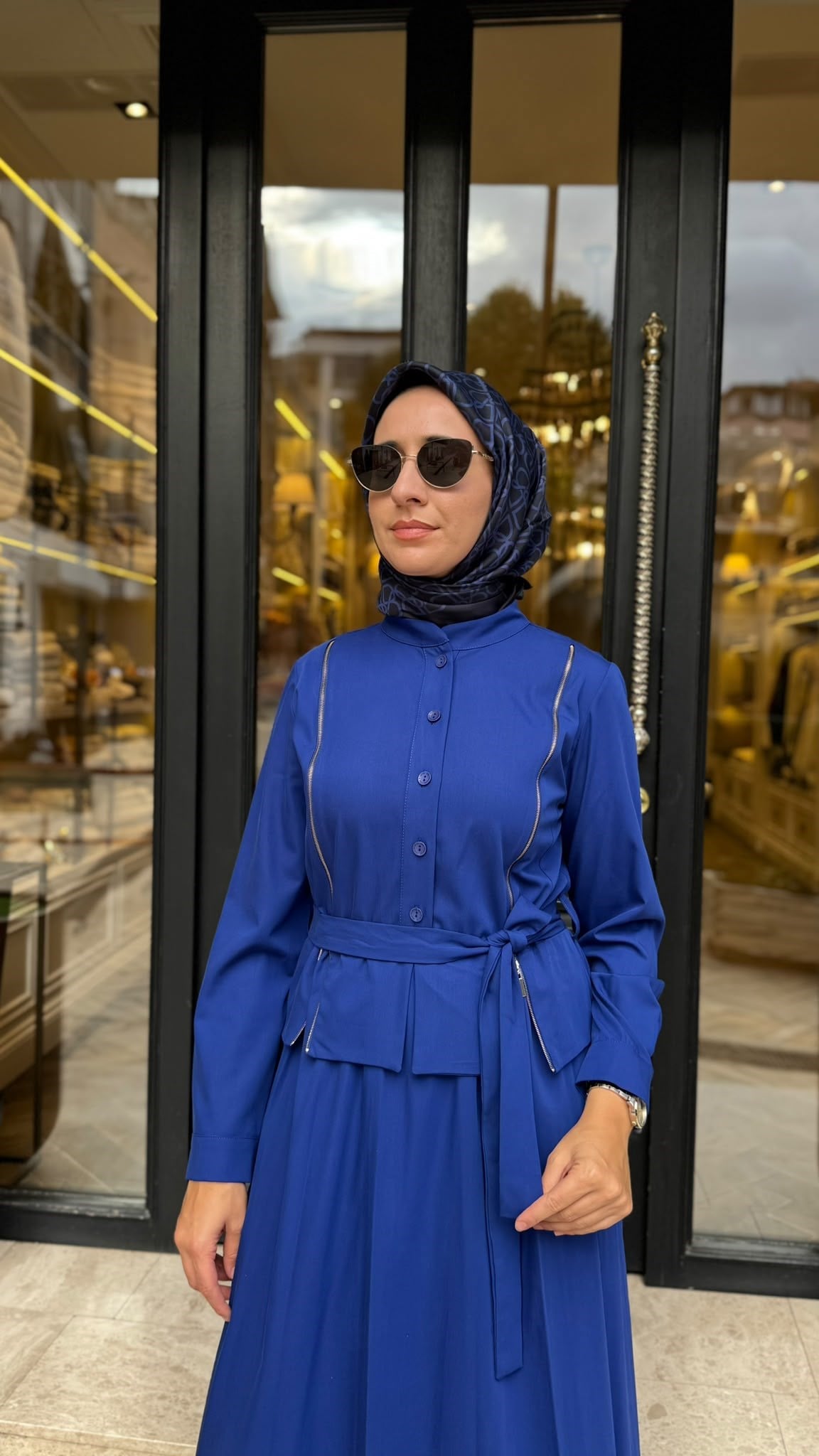 40803 Fermuar Detay Kadın Elbise Saks Mavi