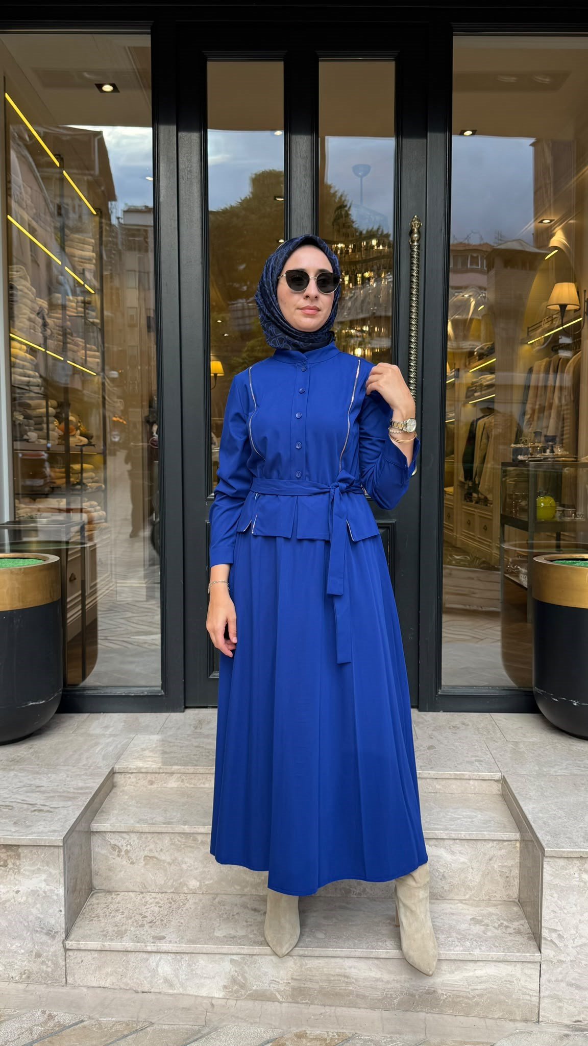 40803 Fermuar Detay Kadın Elbise Saks Mavi