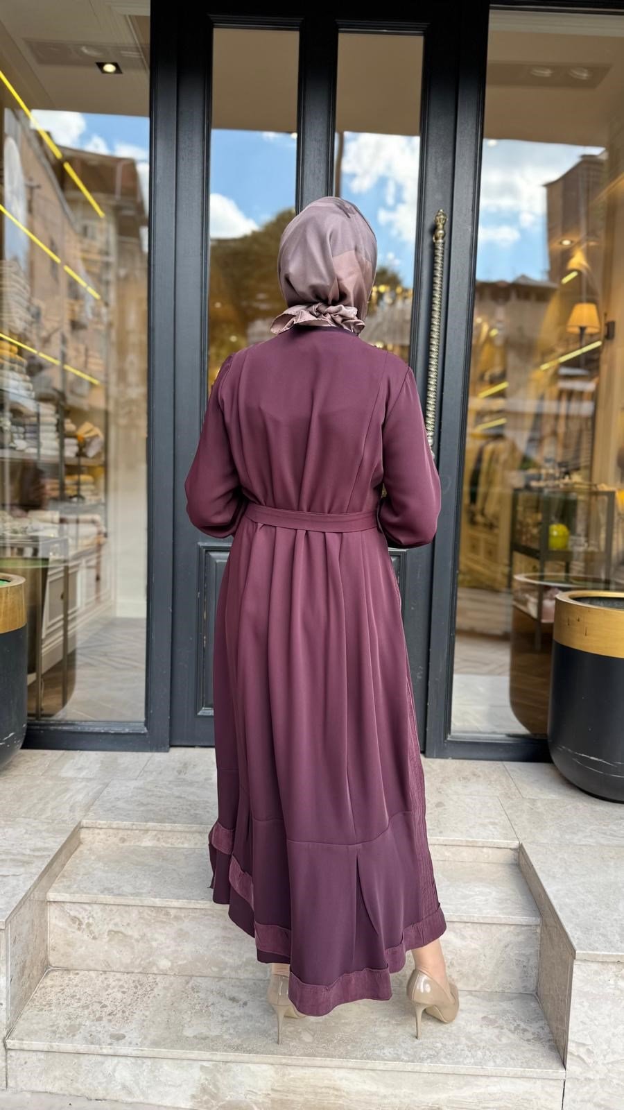 40813 Kuşaklı Kadın Elbise Bordo