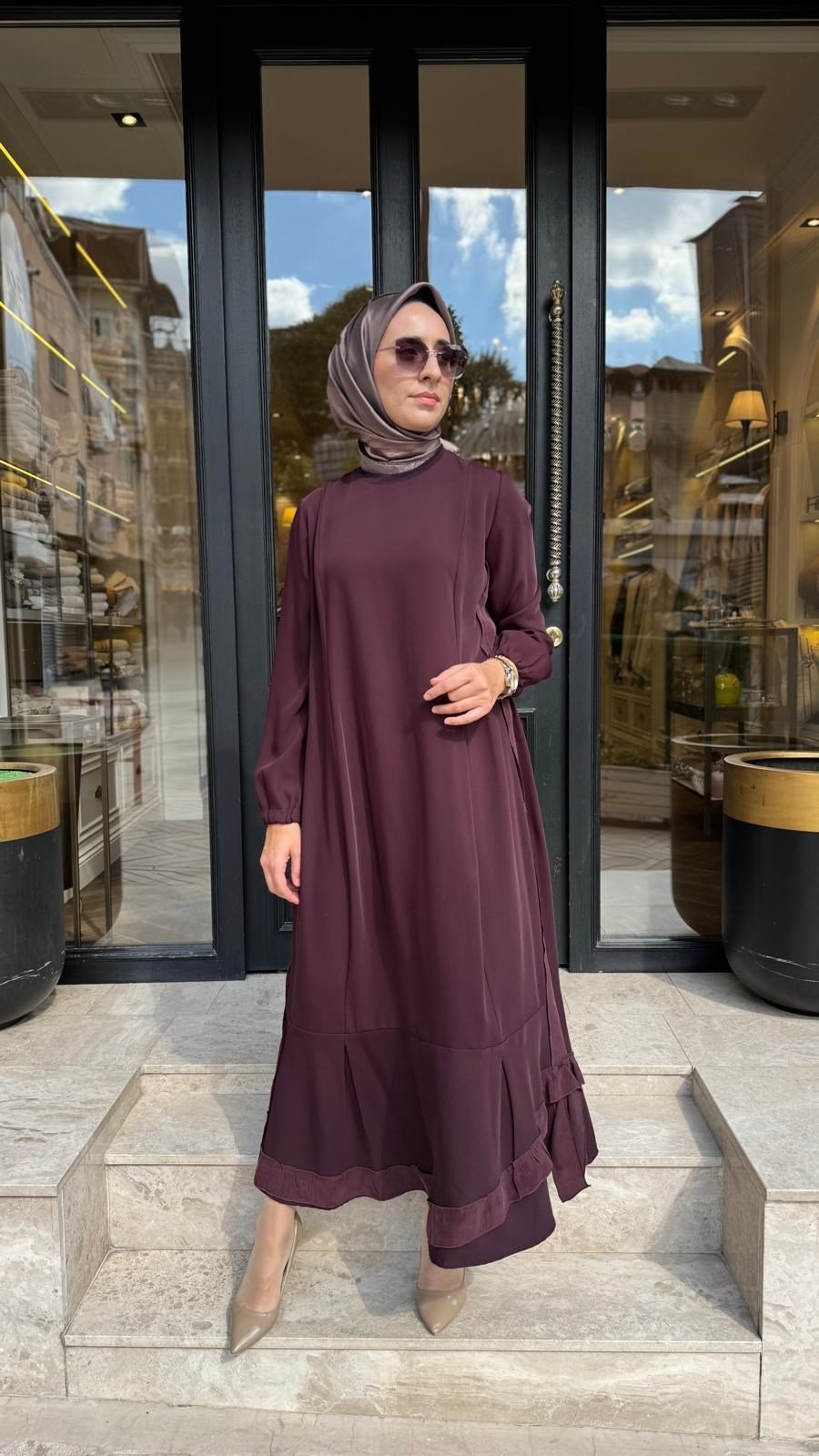 40813 Kuşaklı Kadın Elbise Bordo