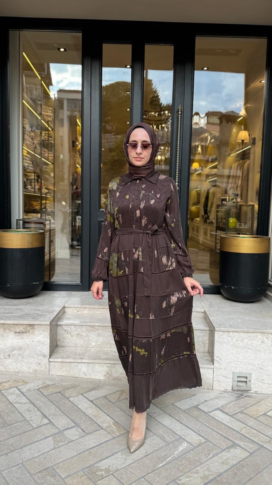 40823 Desenli Kadın Elbise Kahve