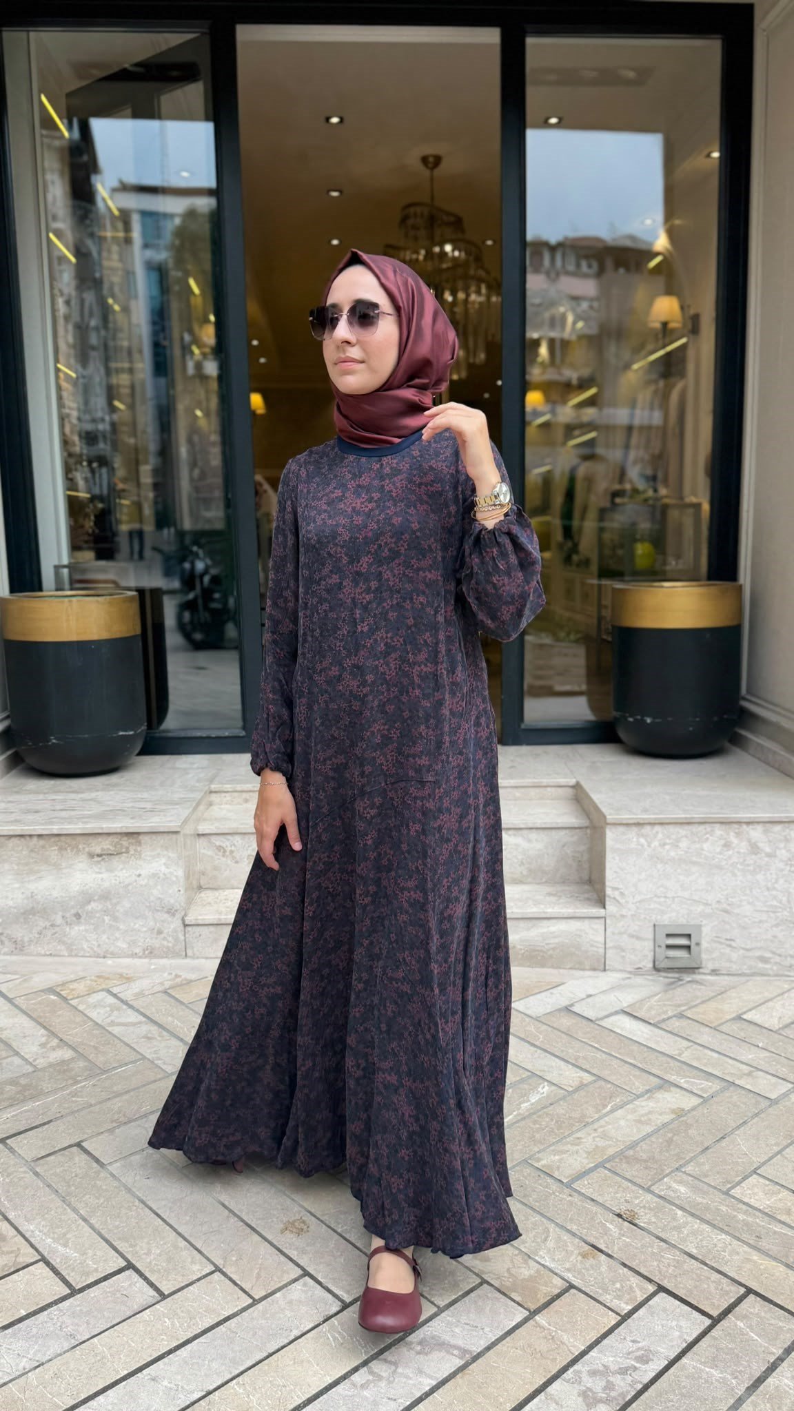 40827 Kuşaklı Kadın Elbise Bordo Desenli