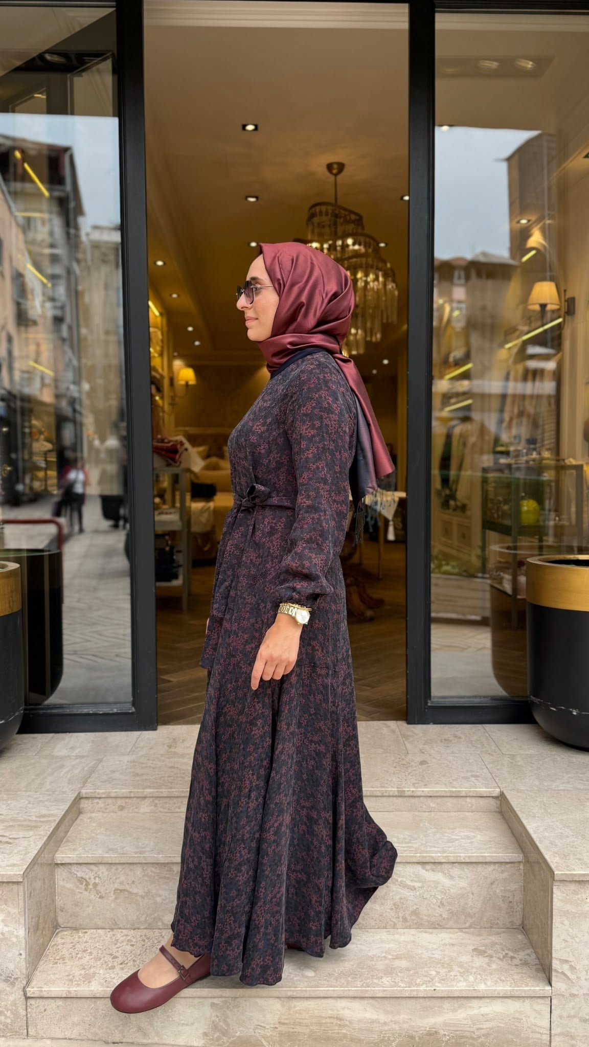 40827 Kuşaklı Kadın Elbise Bordo Desenli