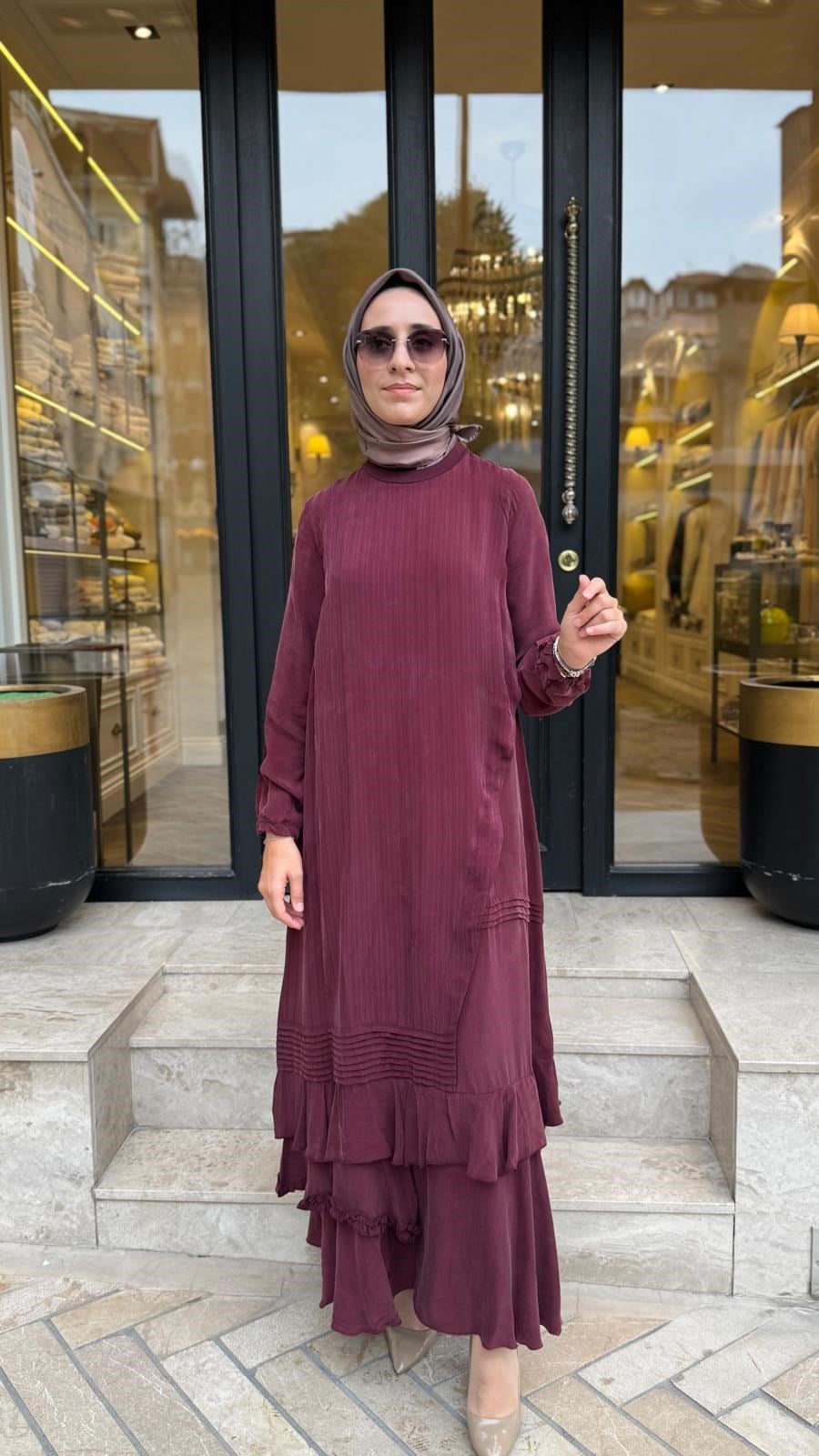 40837 Yelekli Kadın Elbise Bordo