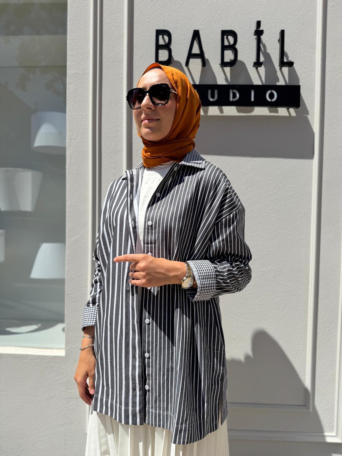 7082 Çizgili Kadın Gömlek Siyah