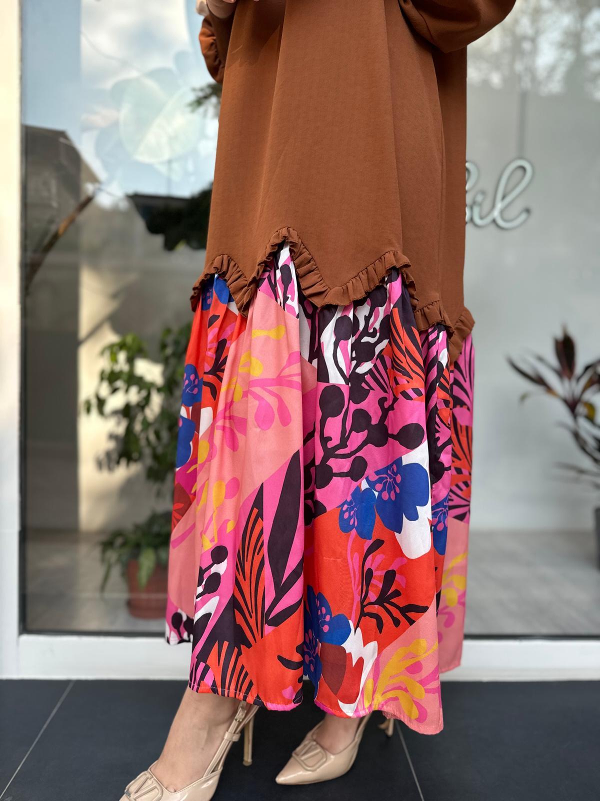 Altı Desenli Kadın Elbise Kahve