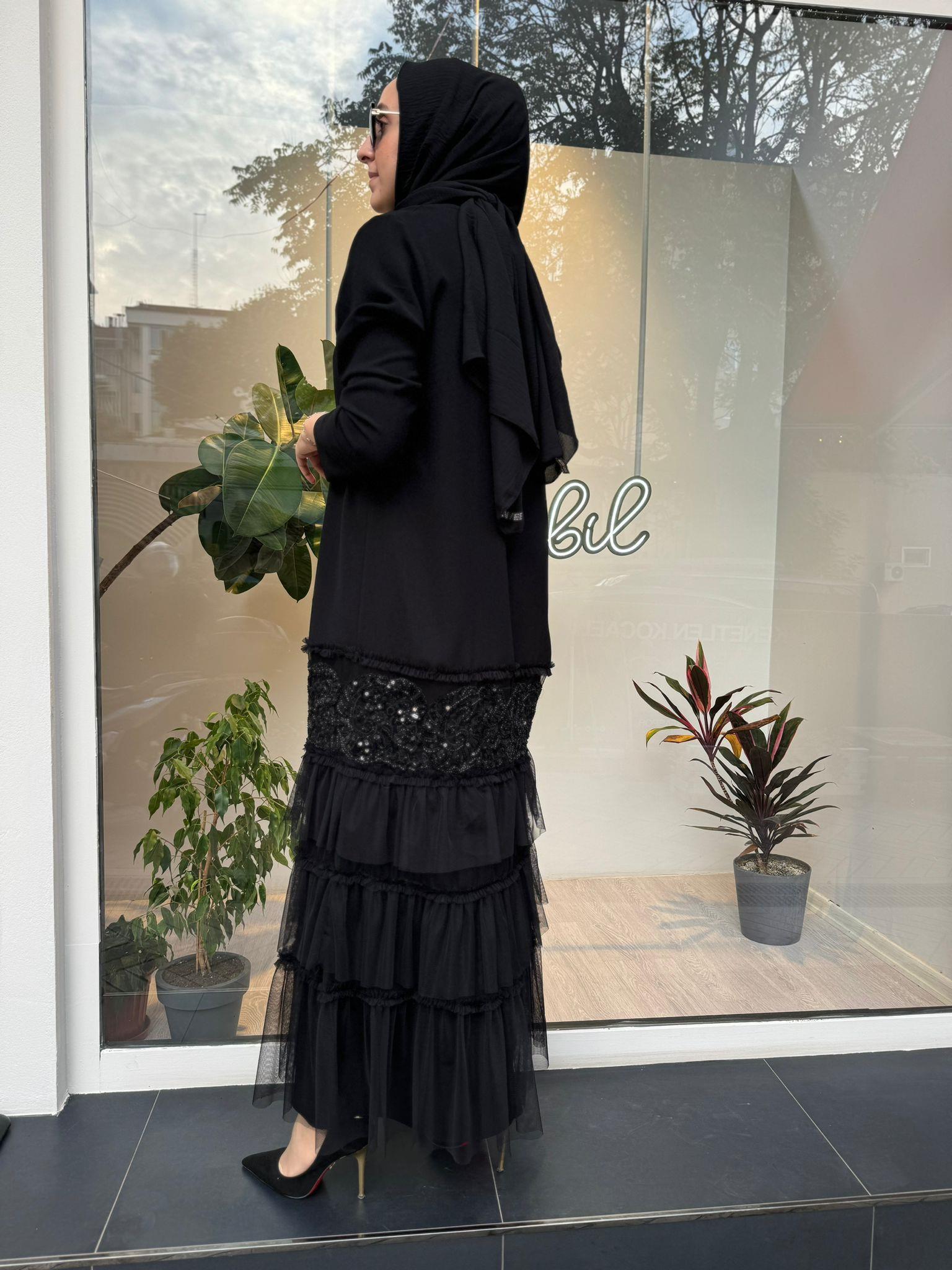 Altı Kat Kat Tül Detay İkili Abaya Elbise Siyah