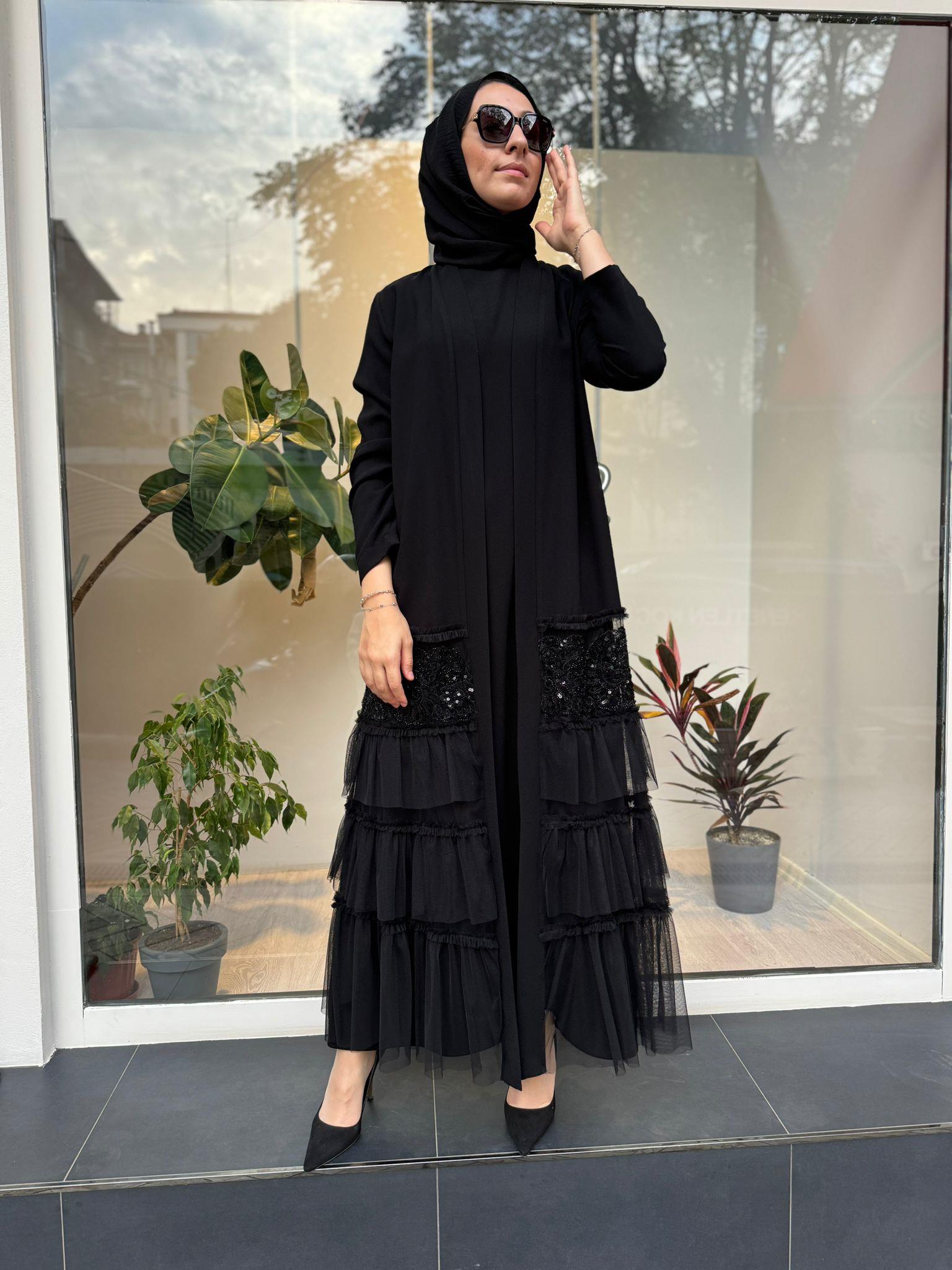 Altı Kat Kat Tül Detay İkili Abaya Elbise Siyah
