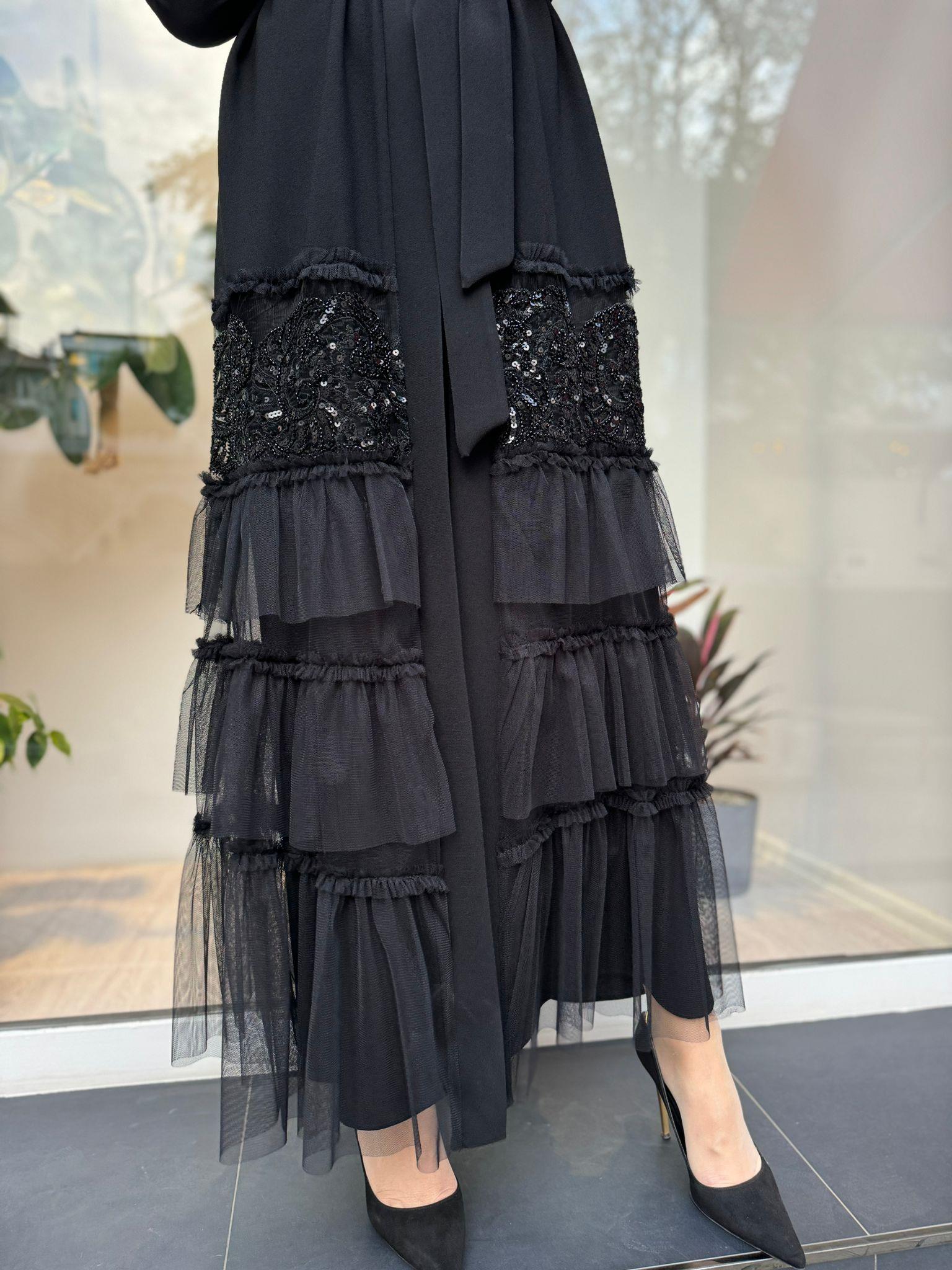 Altı Kat Kat Tül Detay İkili Abaya Elbise Siyah