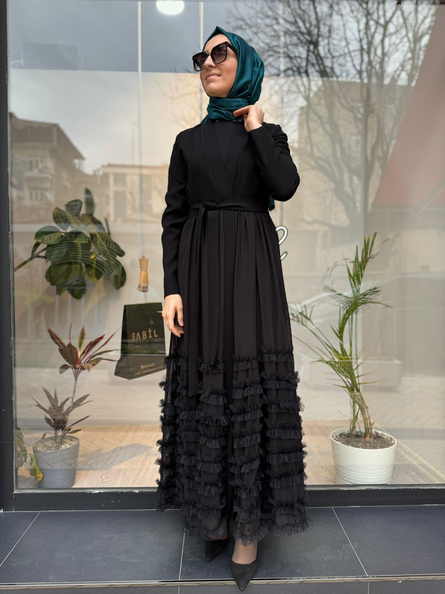 Altı Tül Detaylı Kadın İkili Abaya Elbise Siyah