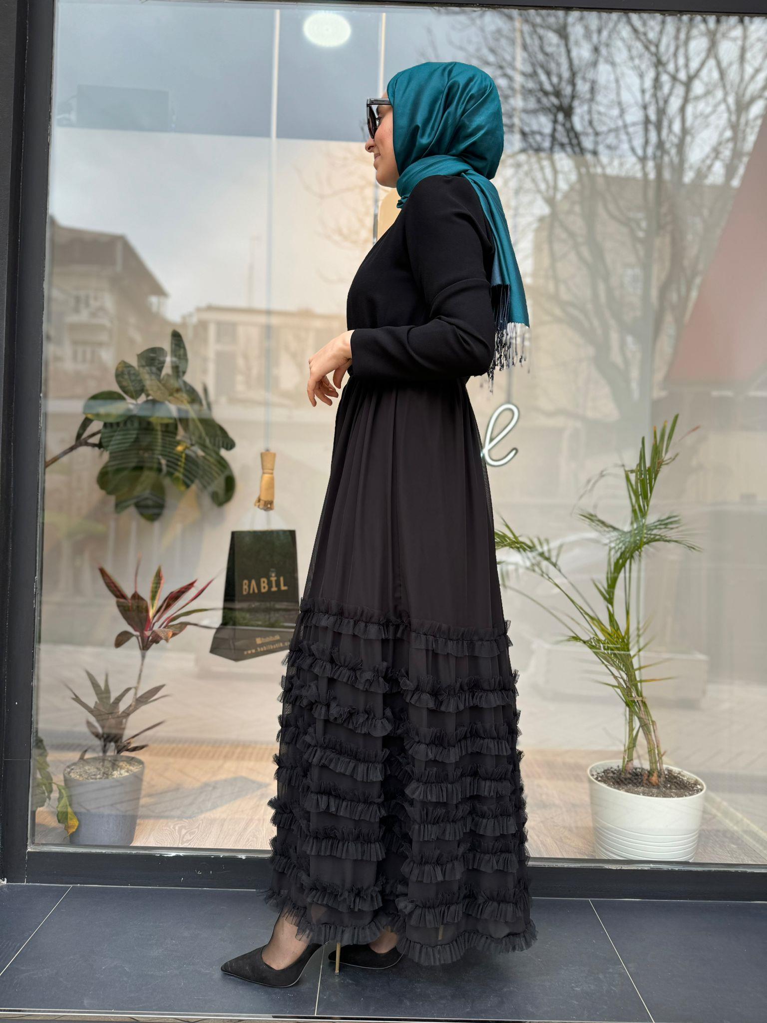 Altı Tül Detaylı Kadın İkili Abaya Elbise Siyah