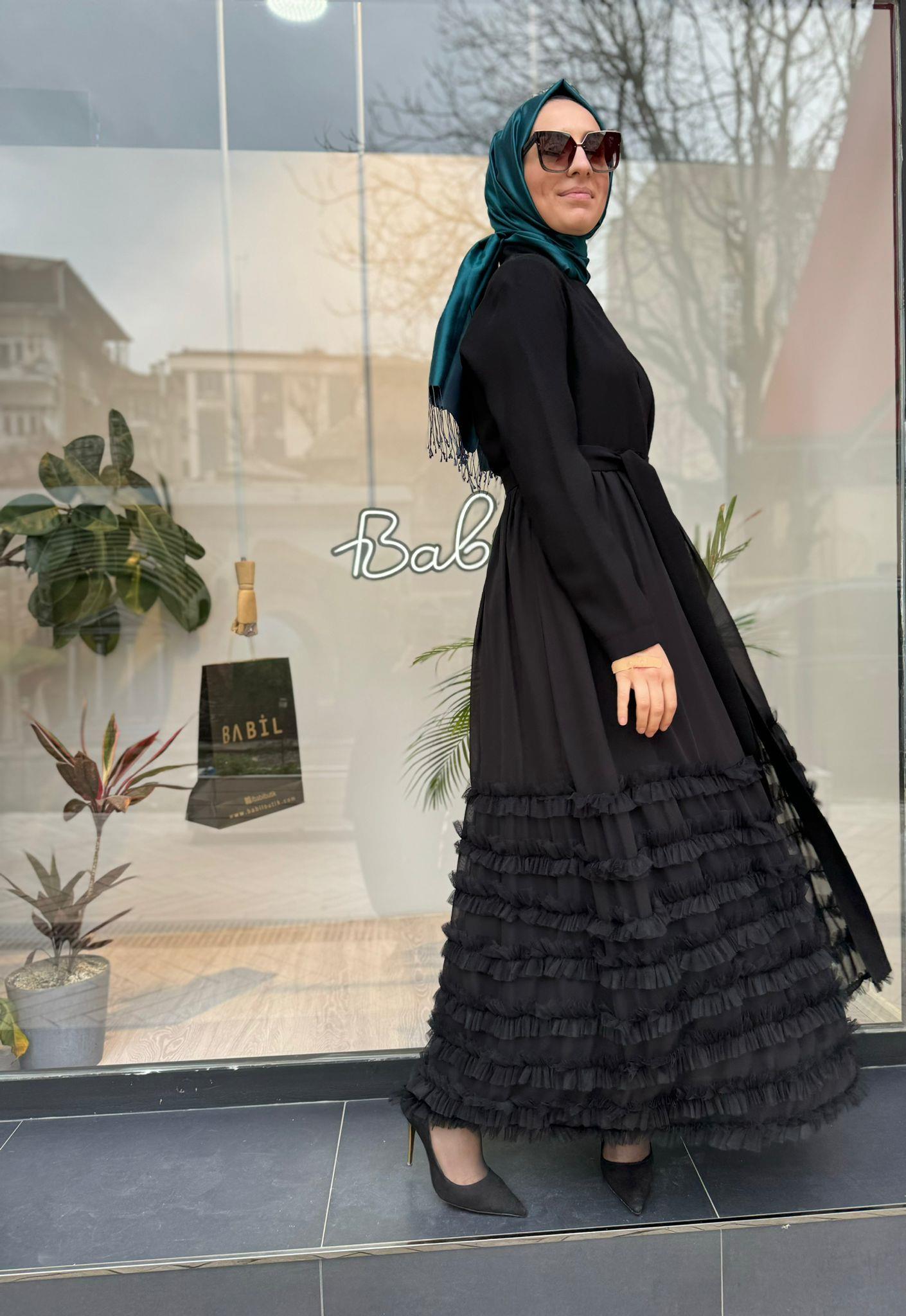 Altı Tül Detaylı Kadın İkili Abaya Elbise Siyah