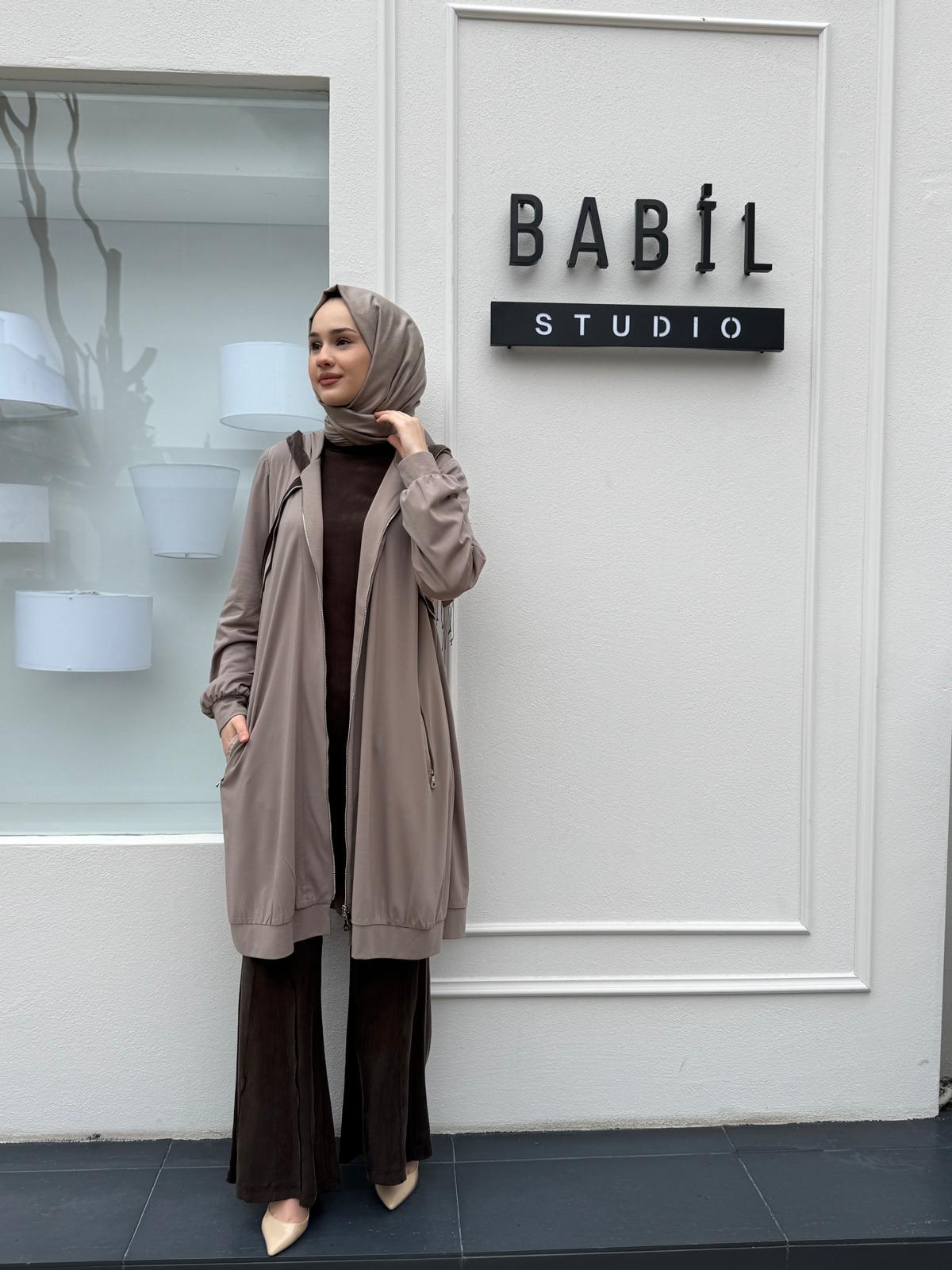 Bambu Kapüşonlu Kadın Kap Vizon