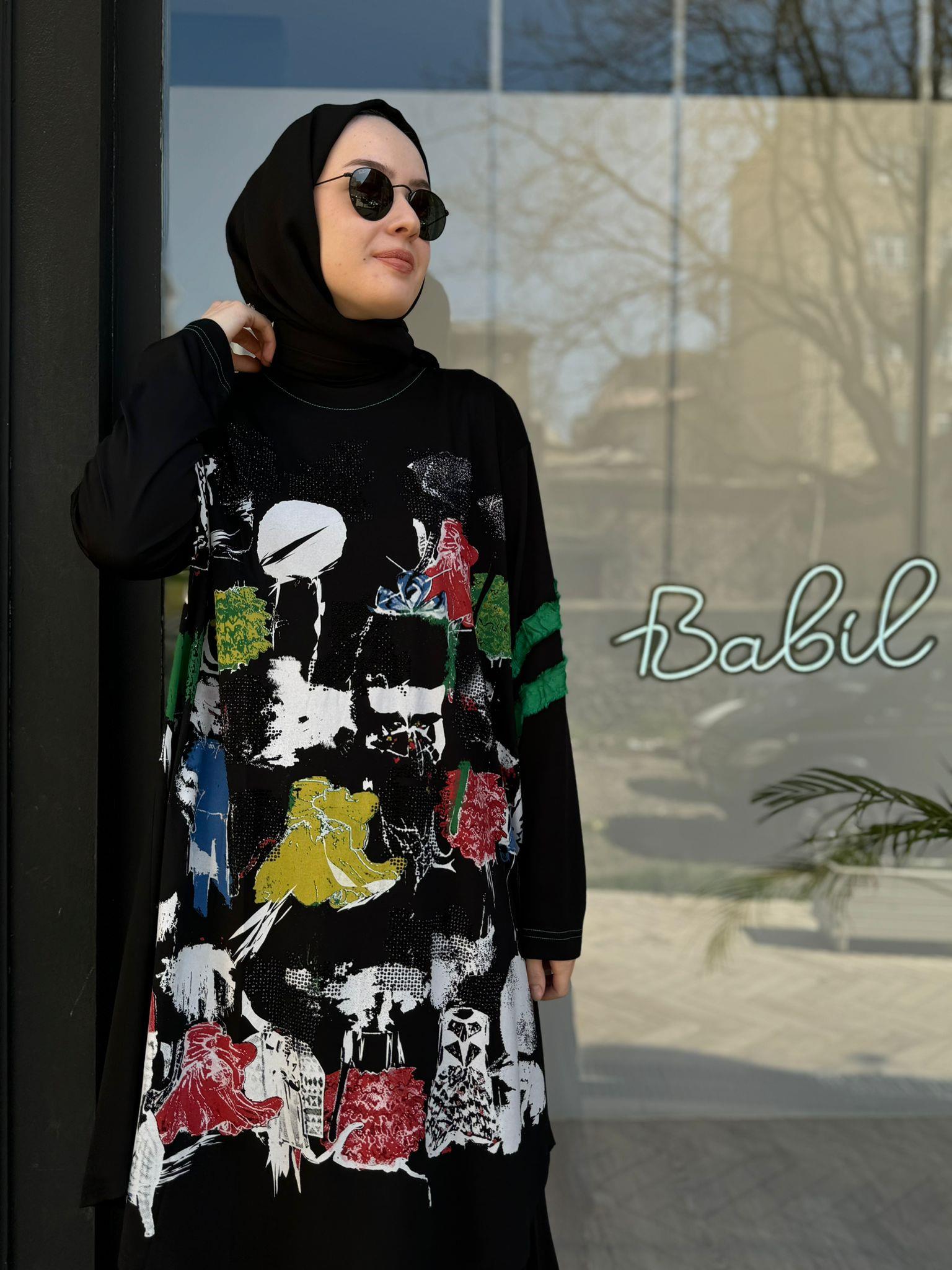 Basic Baskılı Tasarım Kadın Tunik Siyah