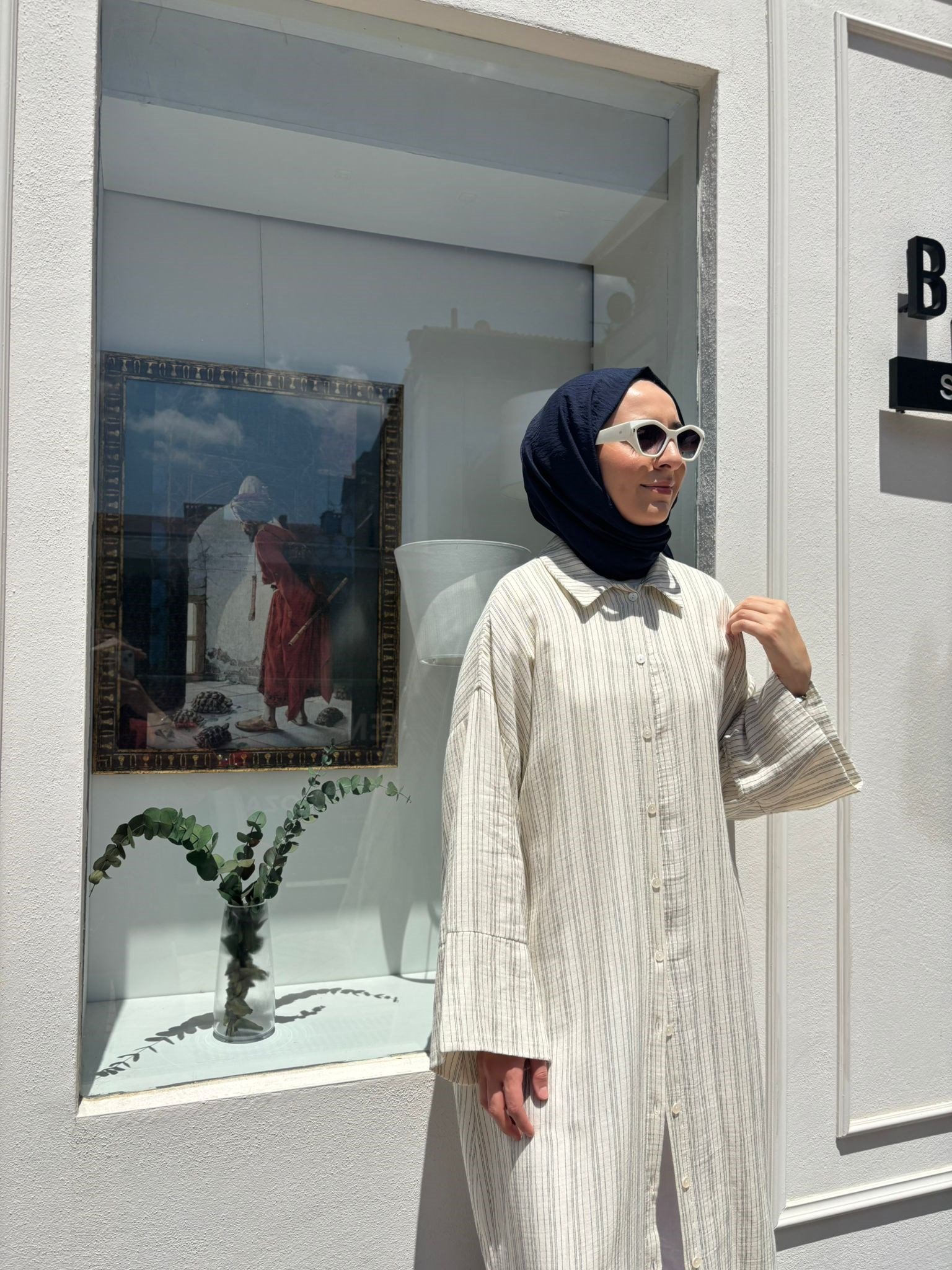BBL02 Çizgili Kadın Gömlek Elbise EKRU-SİYAH
