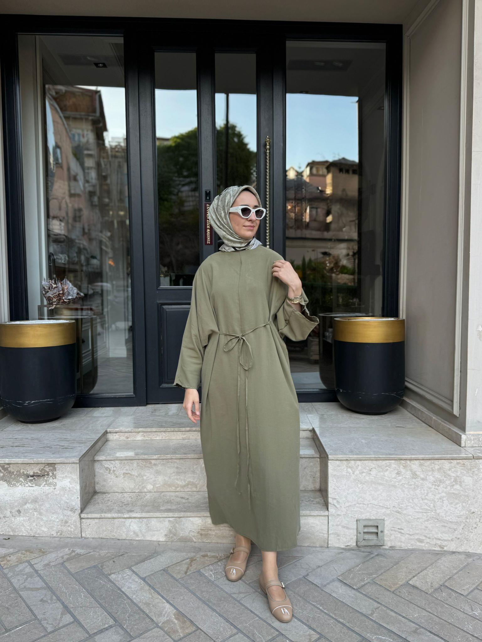 BBL03 Yarasa Kol Kadın Elbise Haki Yeşil