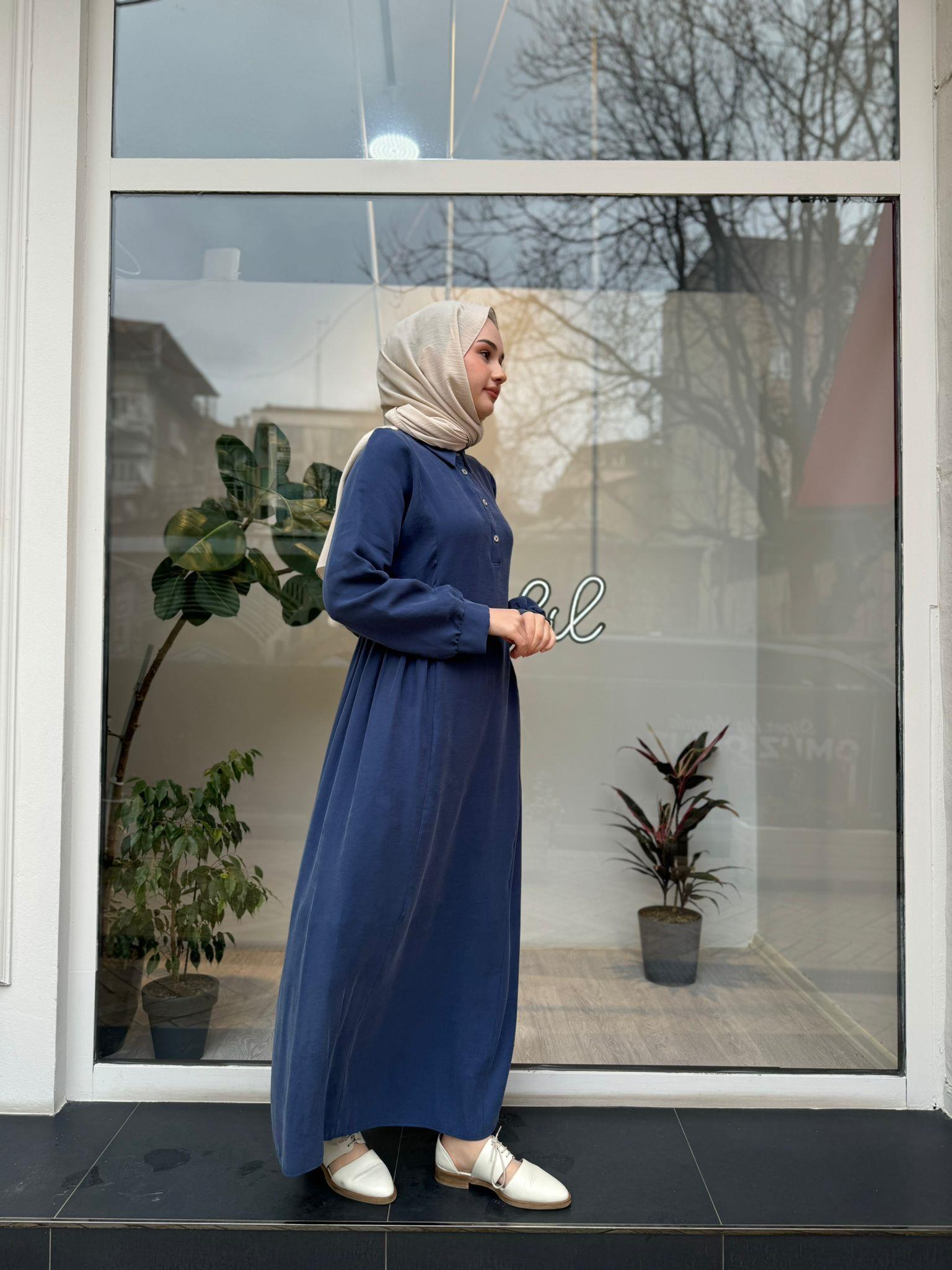 Beli Sıkmalı Kadın Elbise Indigo