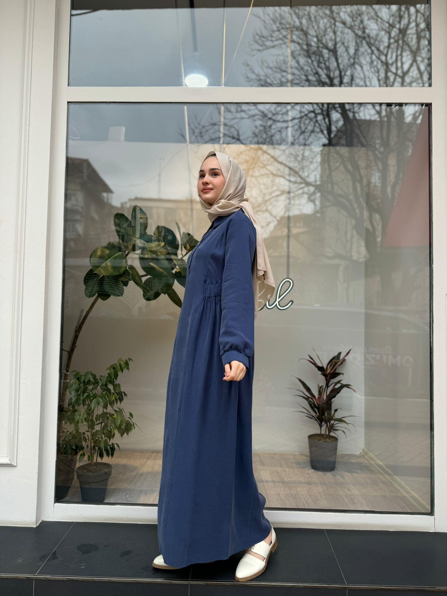 Beli Sıkmalı Kadın Elbise Indigo