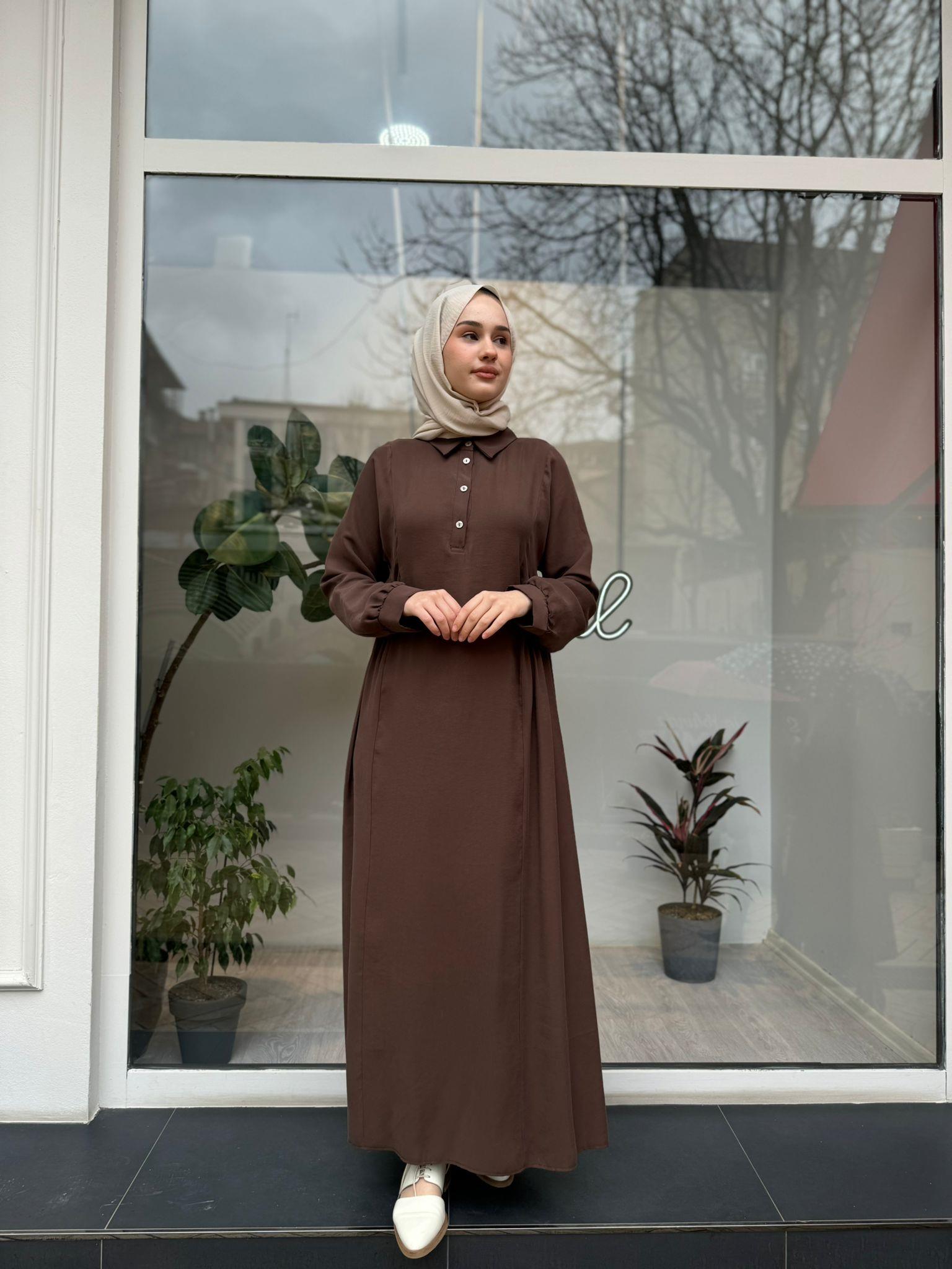 Beli Sıkmalı Kadın Elbise Kahve