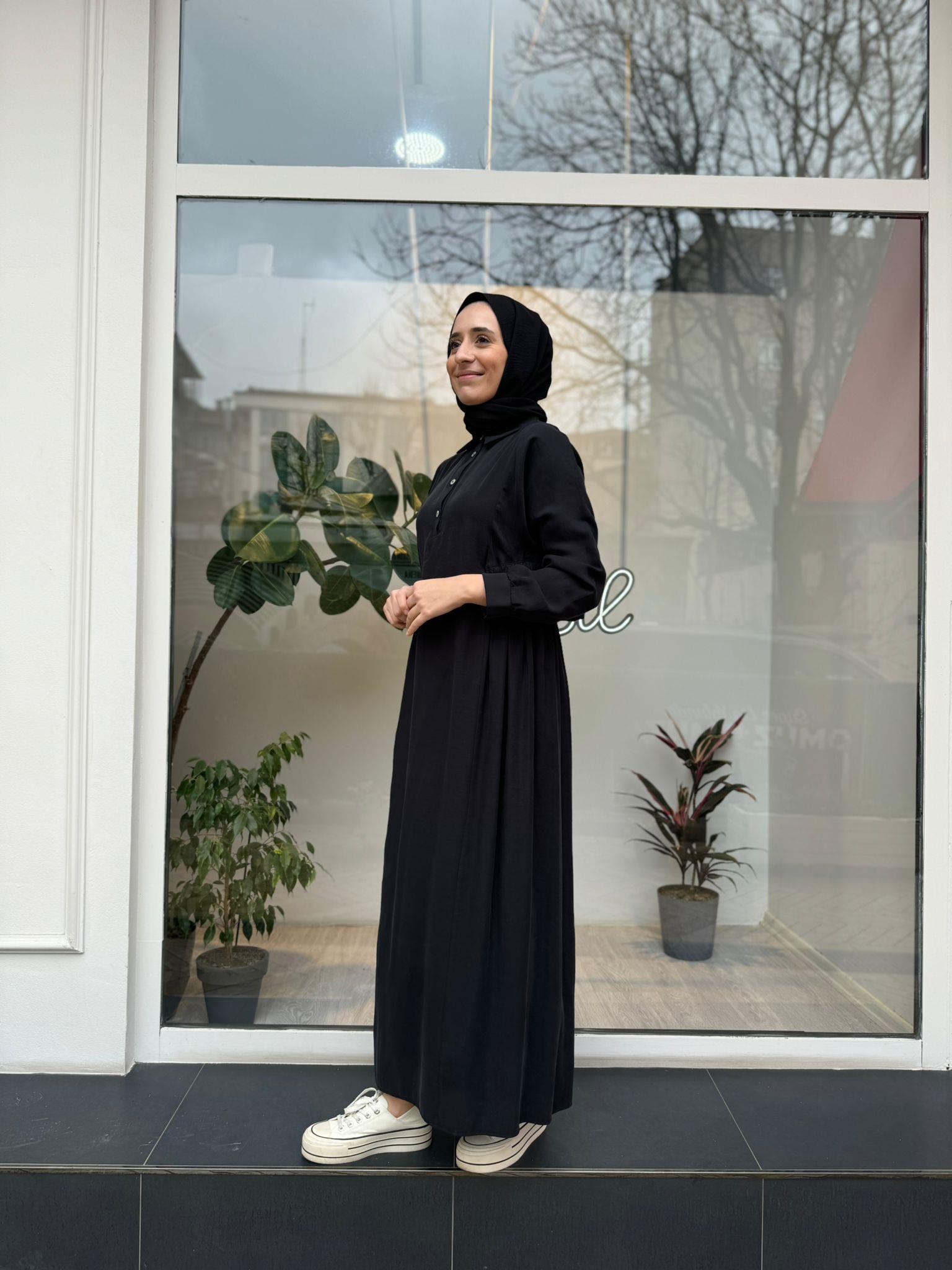Beli Sıkmalı Kadın Elbise Siyah