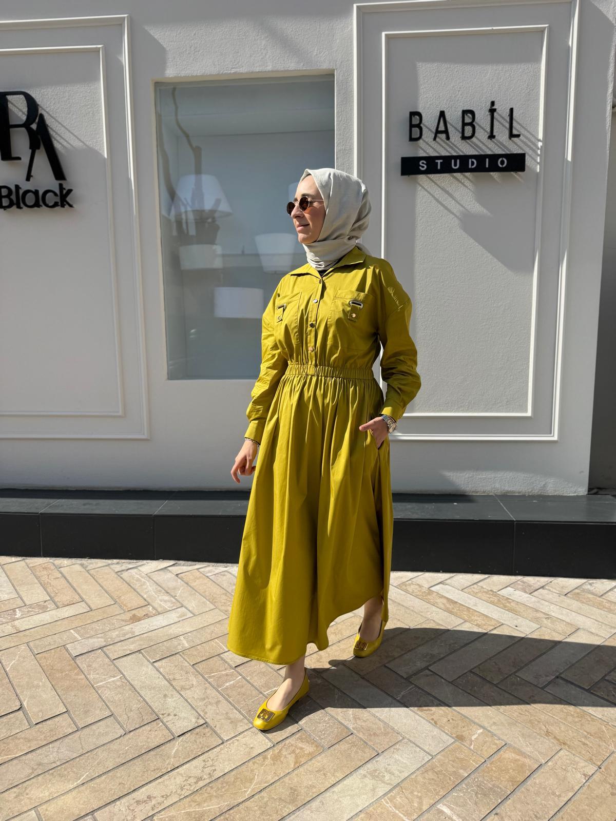 Beli Sıkmalı Poplin Kadın Elbise Yağ Yeşili