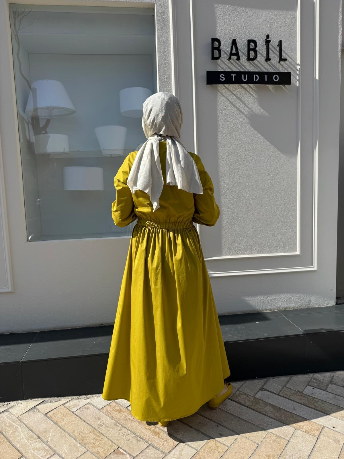 Beli Sıkmalı Poplin Kadın Elbise Yağ Yeşili