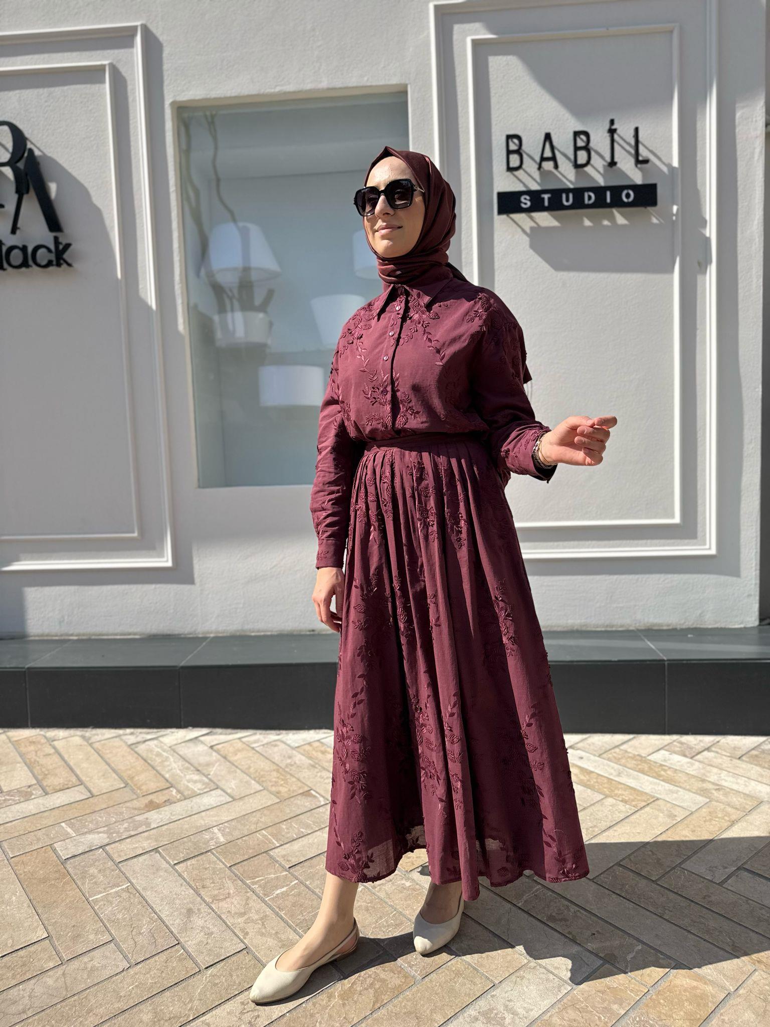 Bella Aplik Detaylı Brode Etekli Takım Bordo