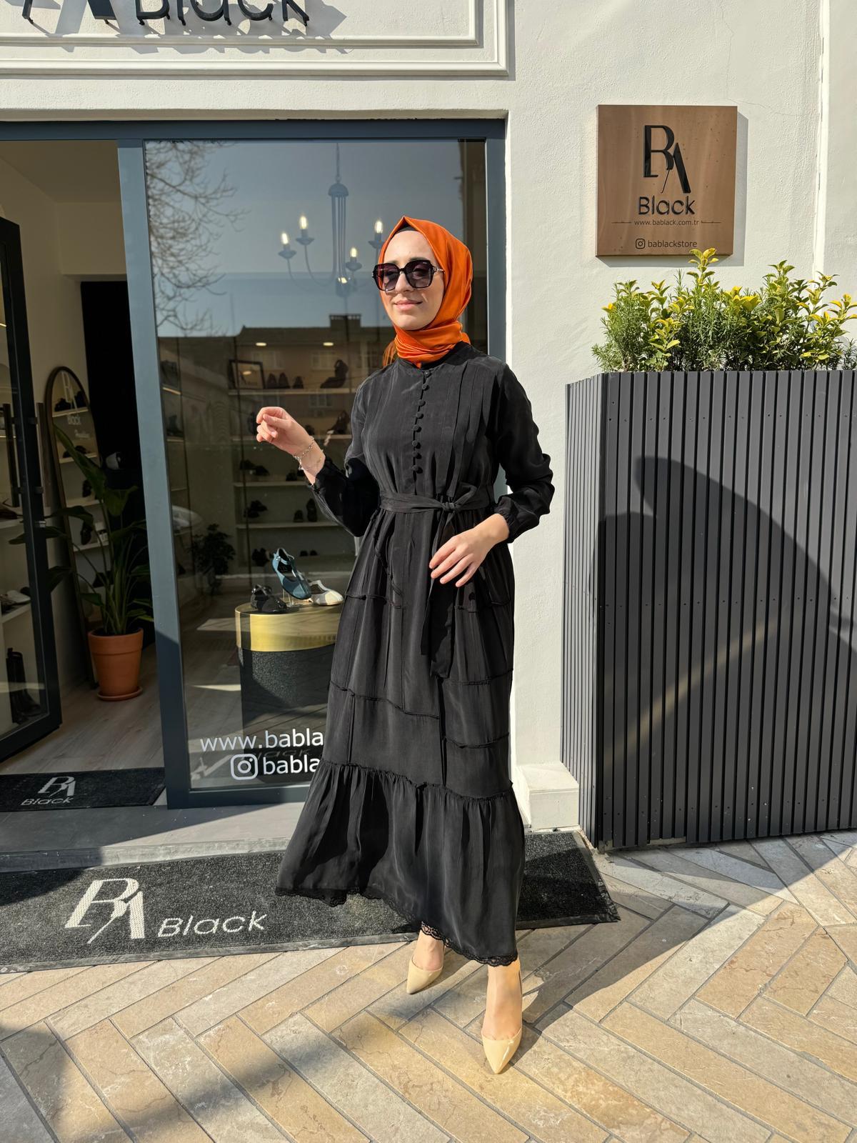 Brit Düğmeli Parçalı Kadın Elbise Siyah