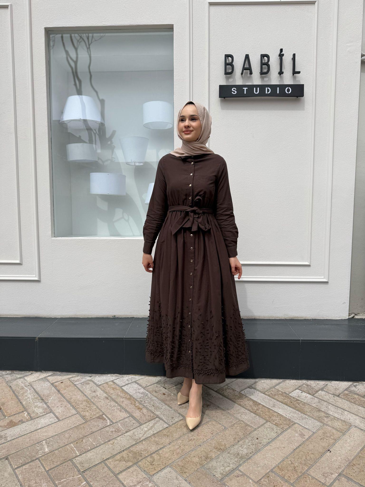Brode İşlemeli Melissa Kadın Elbise Kahve