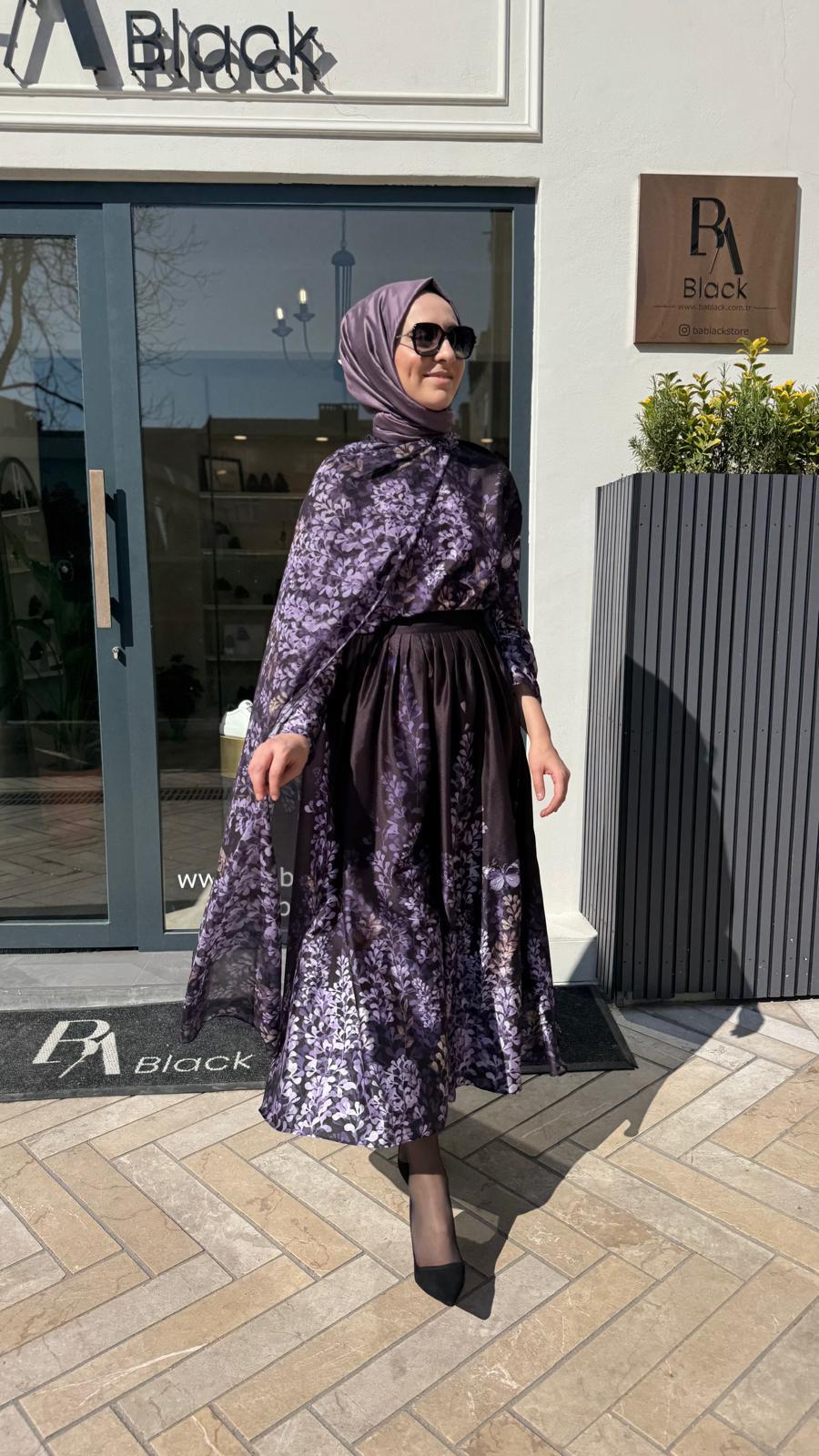 Çiçek Desenli Şal Detaylı Kadın Takım Siyah
