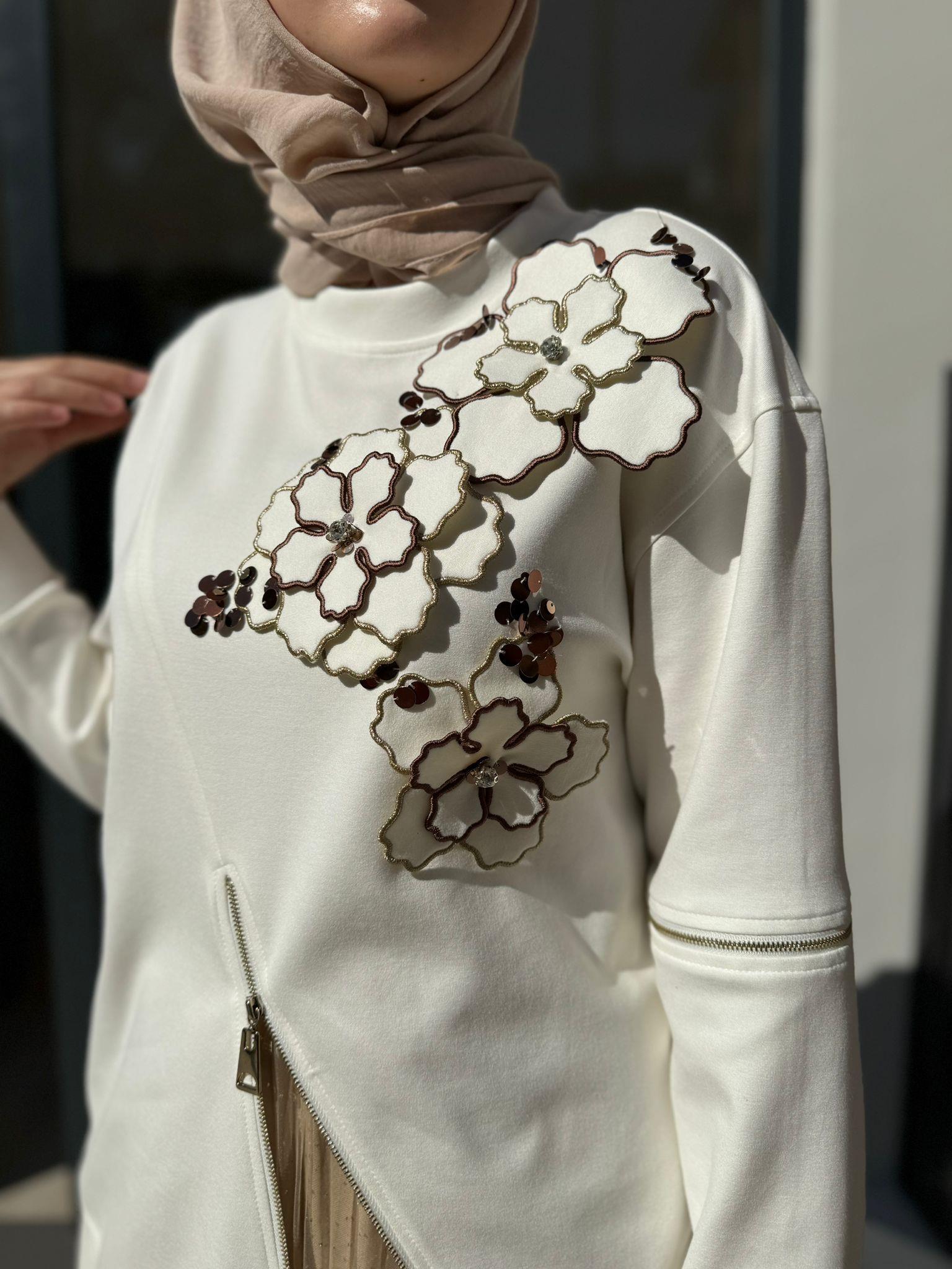 Çiçek Fermuar Detaylı Garde Kadın Sweat Ekru