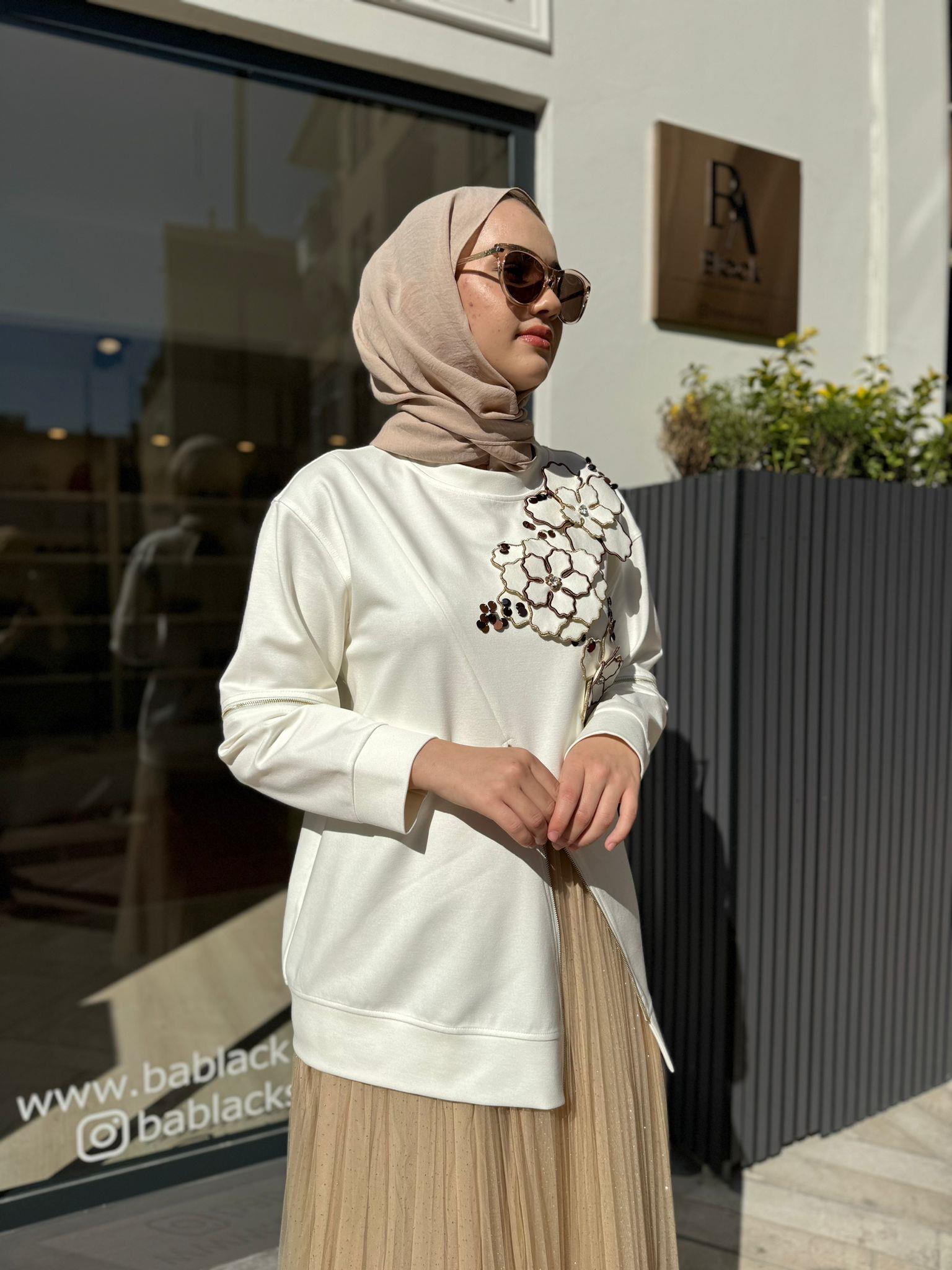 Çiçek Fermuar Detaylı Garde Kadın Sweat Ekru