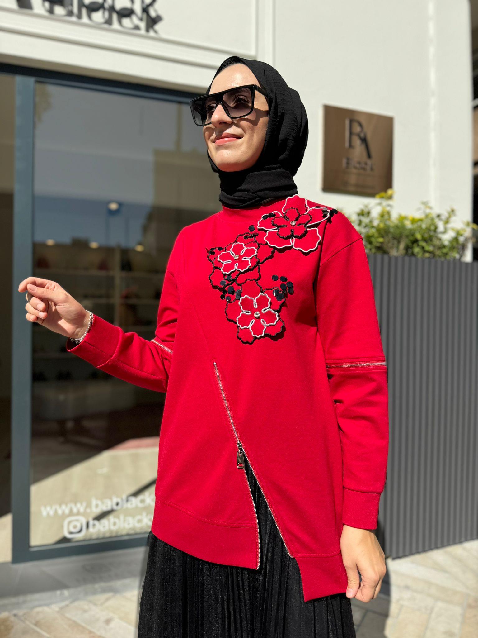 Çiçek Fermuar Detaylı Garde Kadın Sweat Kırmızı